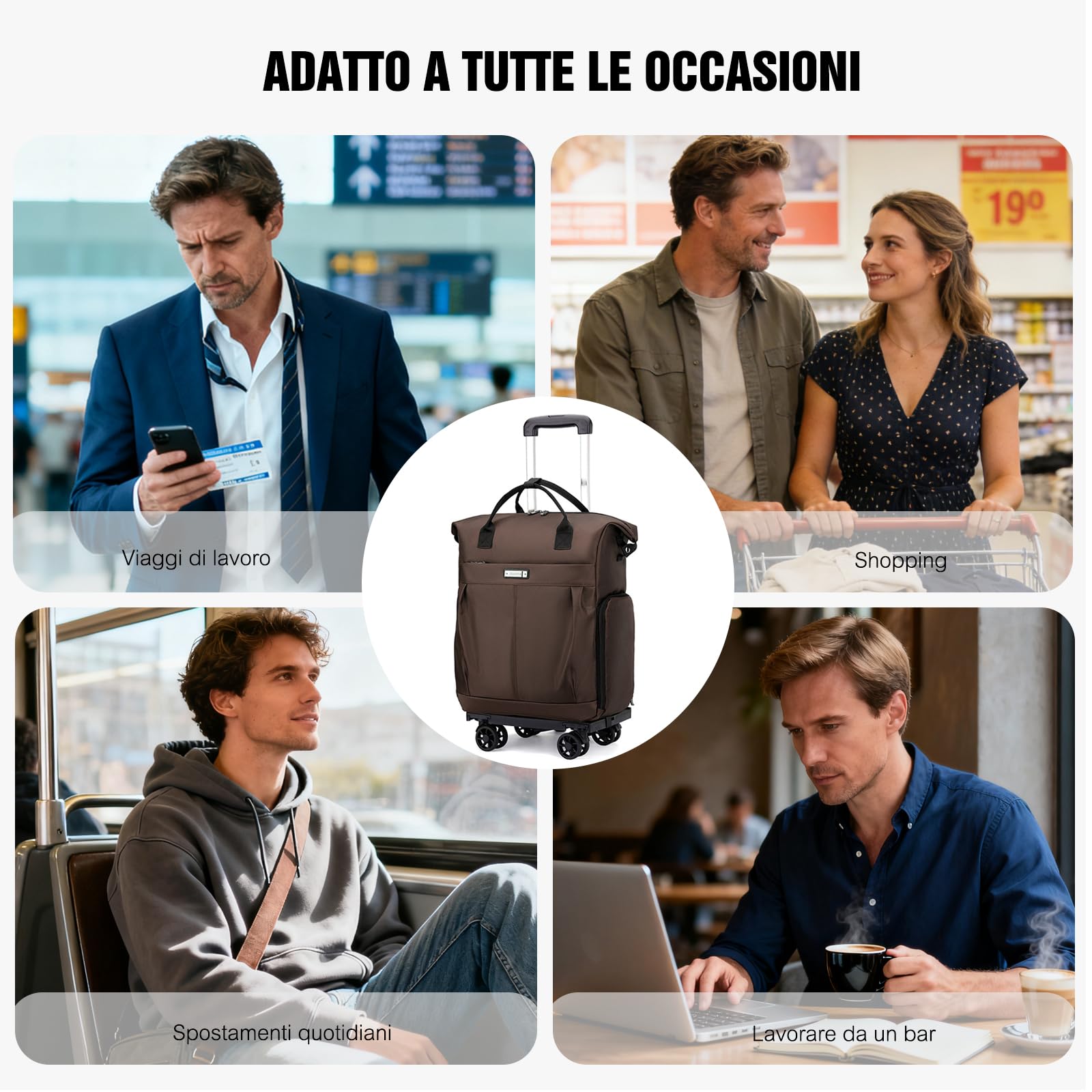 FANDARE 35L Trolley per 15.6 pollici PC portatili Uomo Donna Trolley per la spesa Zaino con rotelle con manico telescopico Zainetto Borsa per Insegnante Borse Messenger Zaini ufficio Marrone
