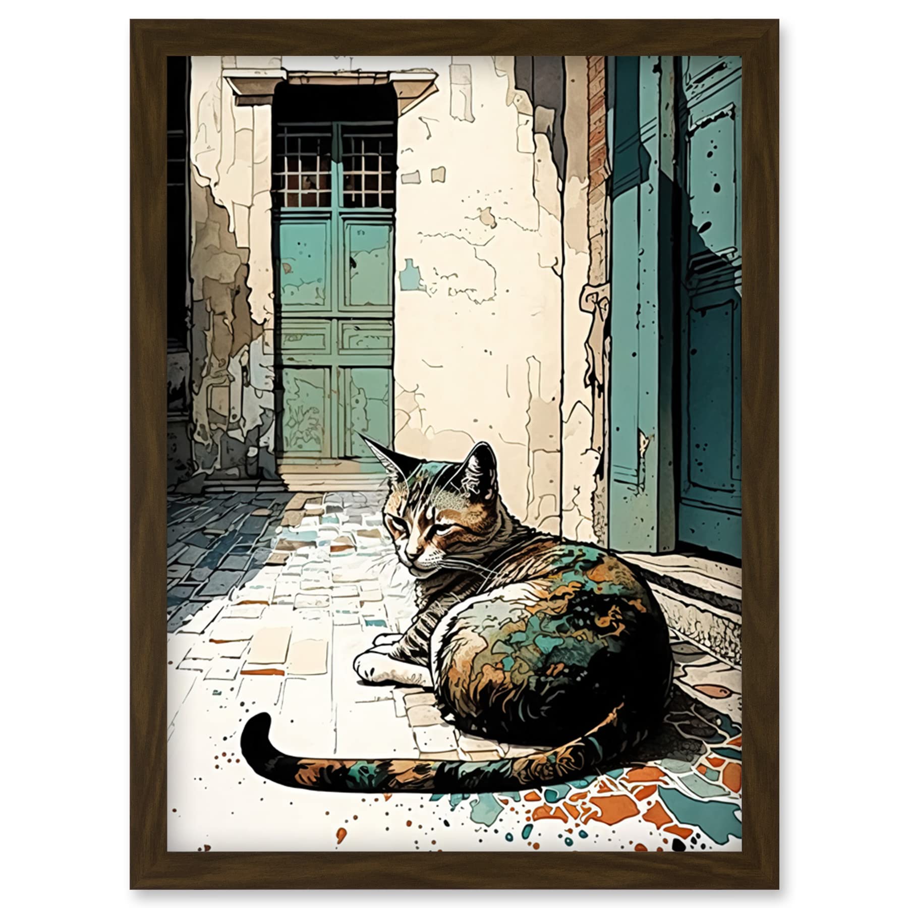 Artery8 Street Cat Sunbathing on Cobblestone Street Modern Illustration Artwork Framed Wall Art Print A4