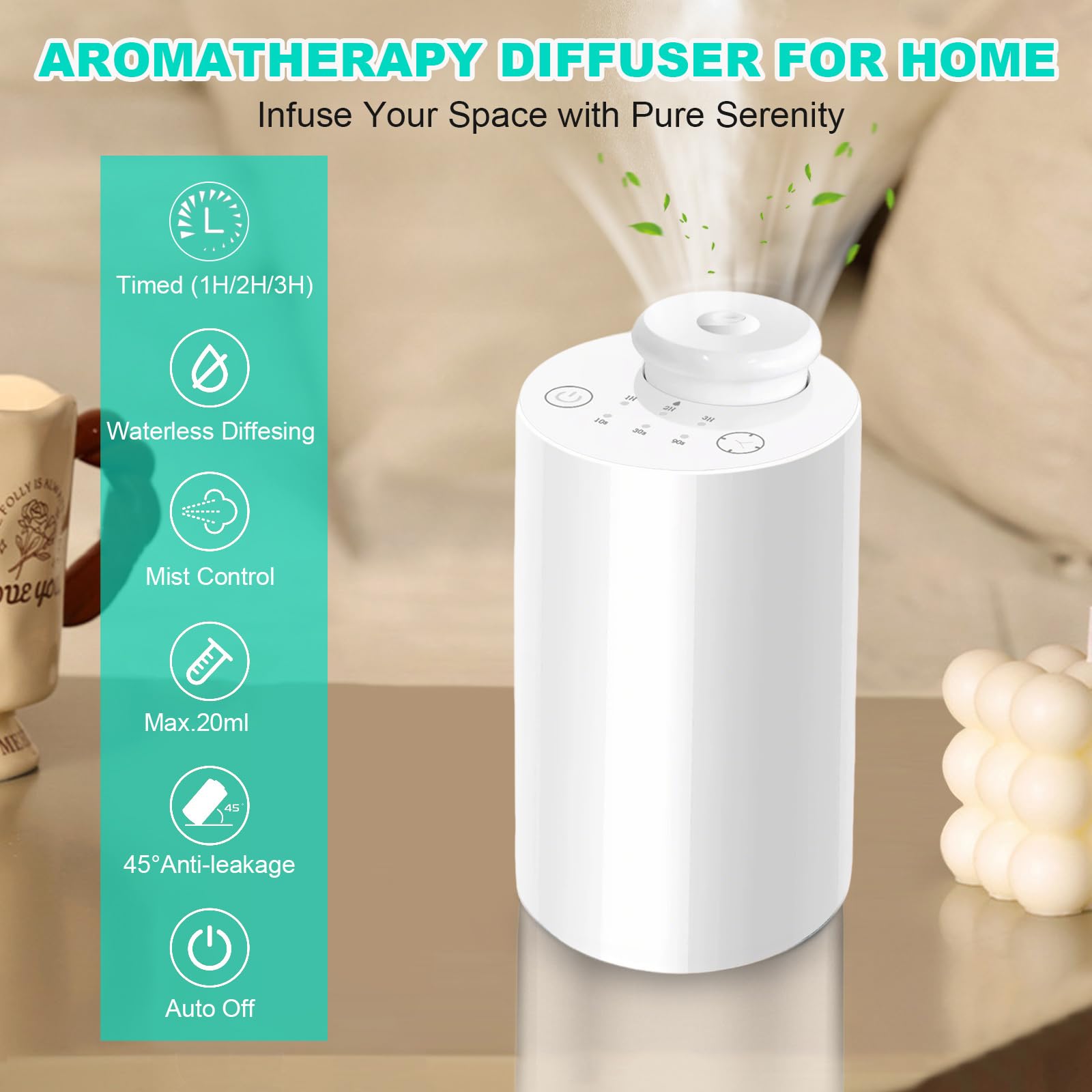 Wasserloser Diffuser, Tragbarer Aroma Diffuser kabellos, USB Wiederaufladbarer Aroma Diffusor 3 Countdown-Timer 3 Nebel Ebene, für Auto Zuhause Büro (Weiß)