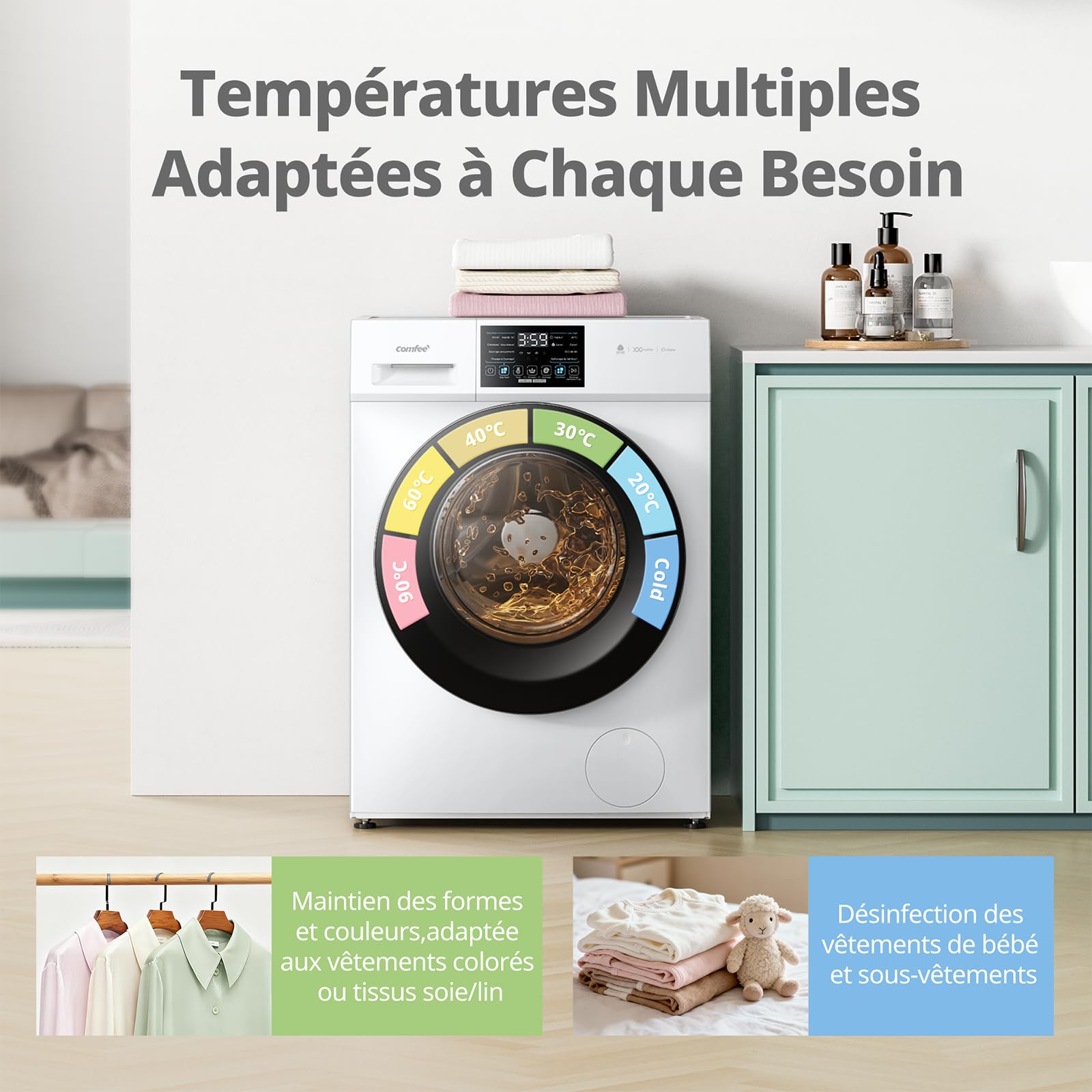 COMFEE' CFP03EW100W-FR Lave-linge autonome, Capacité 10KG, Classe A -10%, 12 programmes, Soin Vapeur, Moteur BLDC, Woolmark, Panneau Tactile, Blanc [Classe Énergétique A] [Energy Class A]
