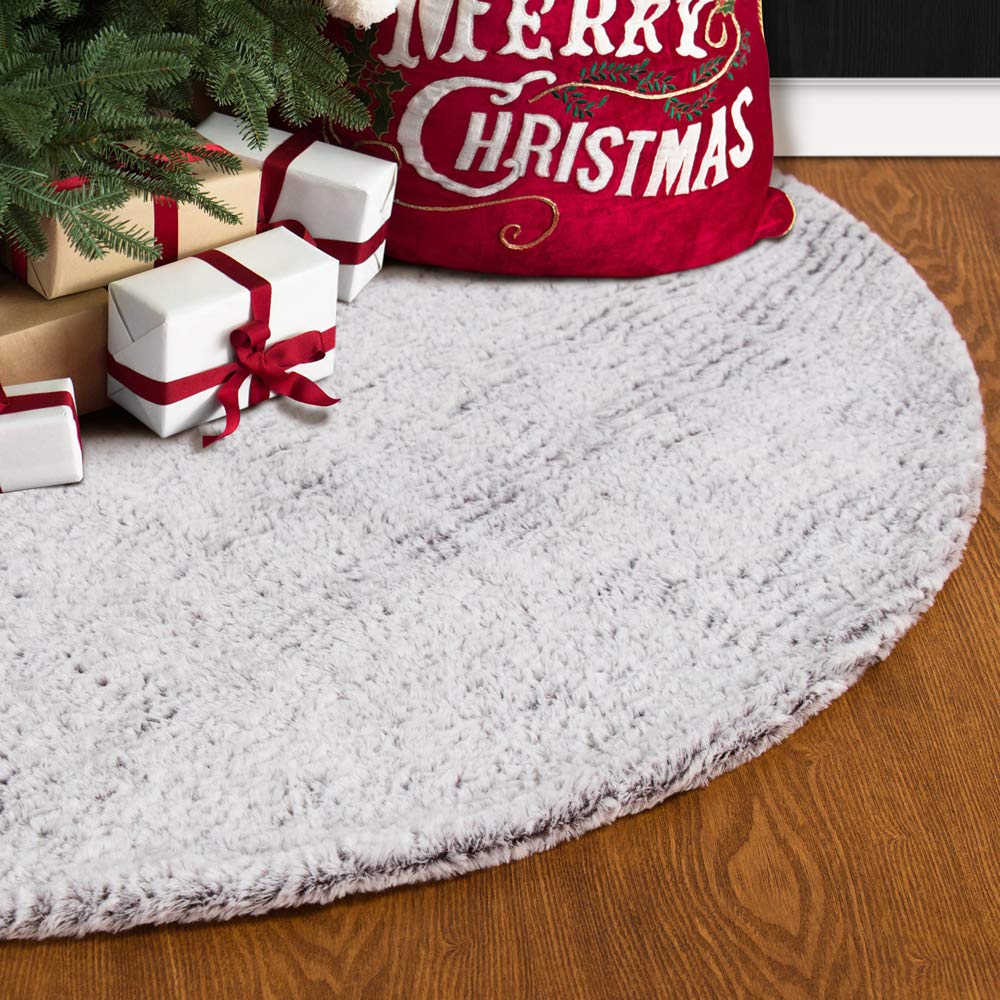 S-DEAL 48 Inches Faux Fur Christmas Tree Skirt Decoration Double Layers Soft Carpet Xmas Holiday Party Ornaments Indoor Outdoor Decorative Gift Grayish White