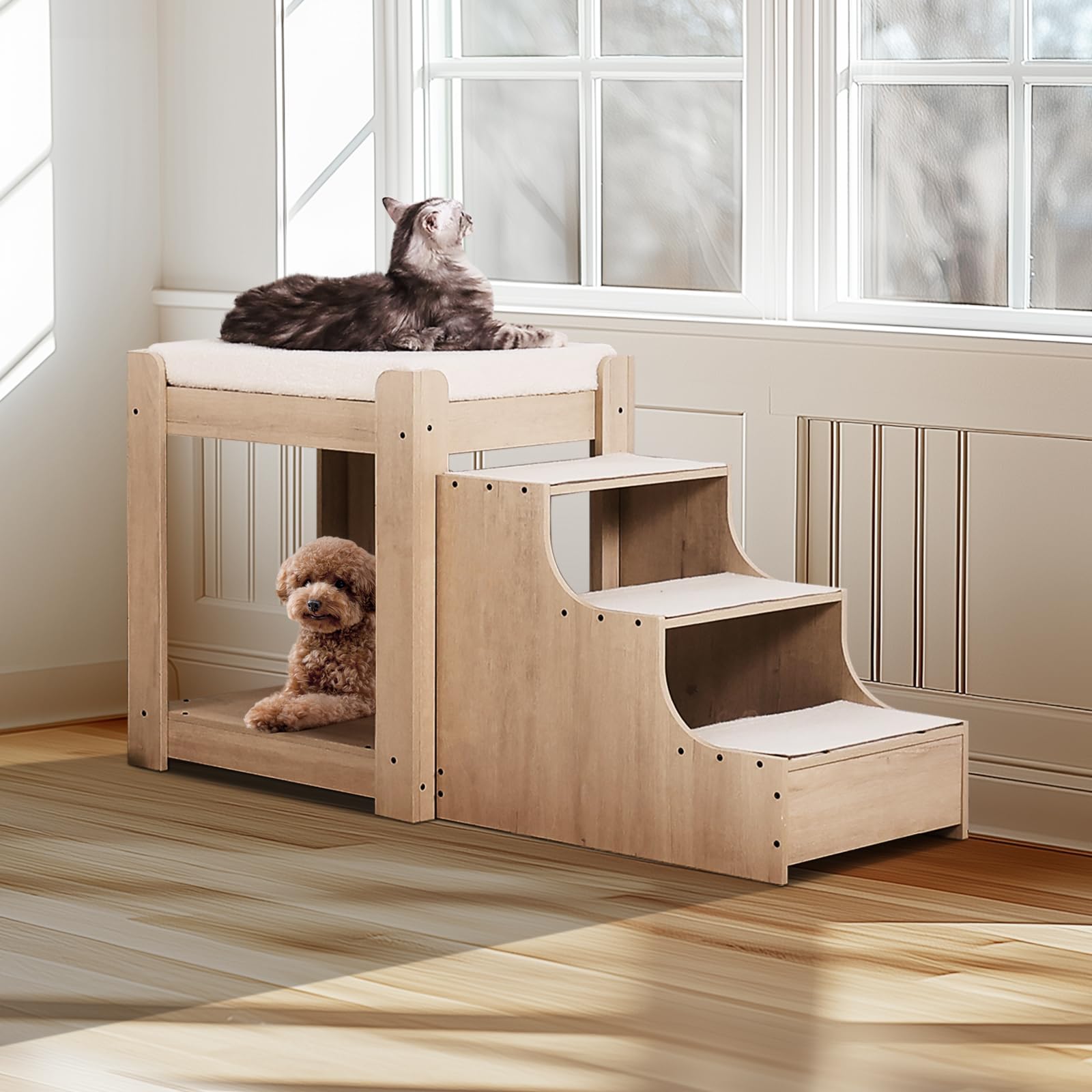 VEVOR Letto a Castello per Animali Domestici con Scale, Trespolo per Finestra per Cani/Gatti a più livelli per Uso Interno Accanto a Letto, Piattaforma di Seduta Rialzata con Cuscino in Schiuma, Beige