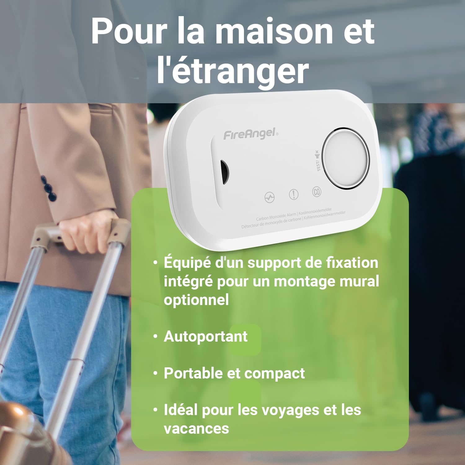 FireAngel FA6813-EU-T2 Détecteur de Monoxyde de Carbone CO, Capteur de Monoxyde de Carbone, Lot de 2 Détecteurs de CO et Alarme Portable, avec Piles, Bouton de Test
