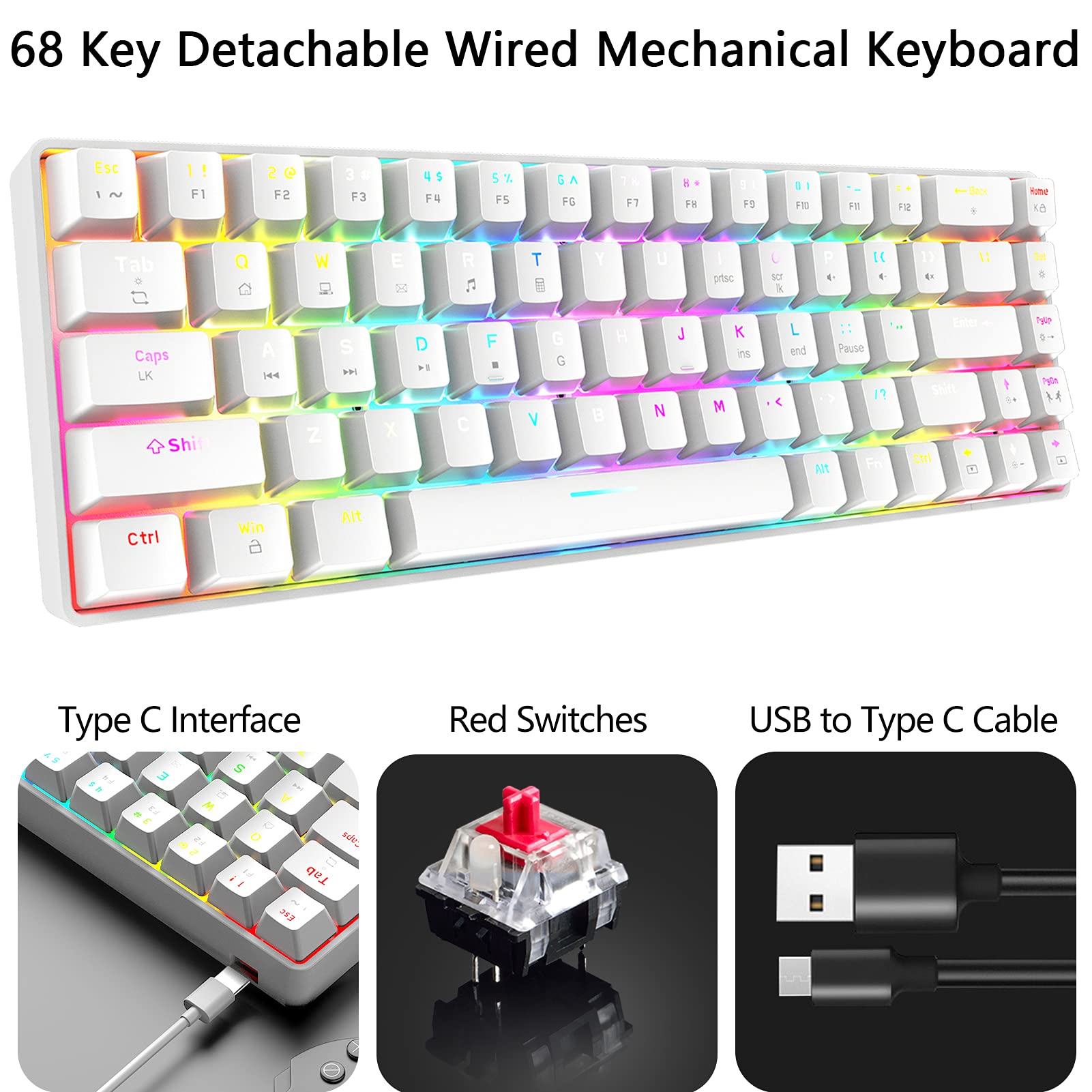 RGB Gaming Tastatur und Maus Set Klein, 68 Tasten Roter Schalter 60% Mini Chroma Mechanische Tastatur, 6400DPI Leichte Programmierbar Waben Maus, USB-Kabel, Kompatibel mit Windows Mac PS4, Weiß
