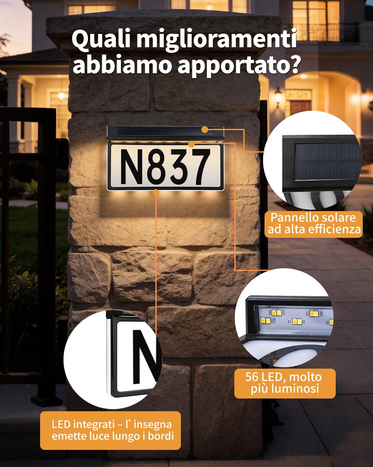 Lampada Solare per Numero Civico, 56 LED, IP65 3000K/4500K/6000K | batteria 2000mAh, montaggio a piolo o parete, include 26 lettere e 30 numeri, ideale per ingresso e giardino