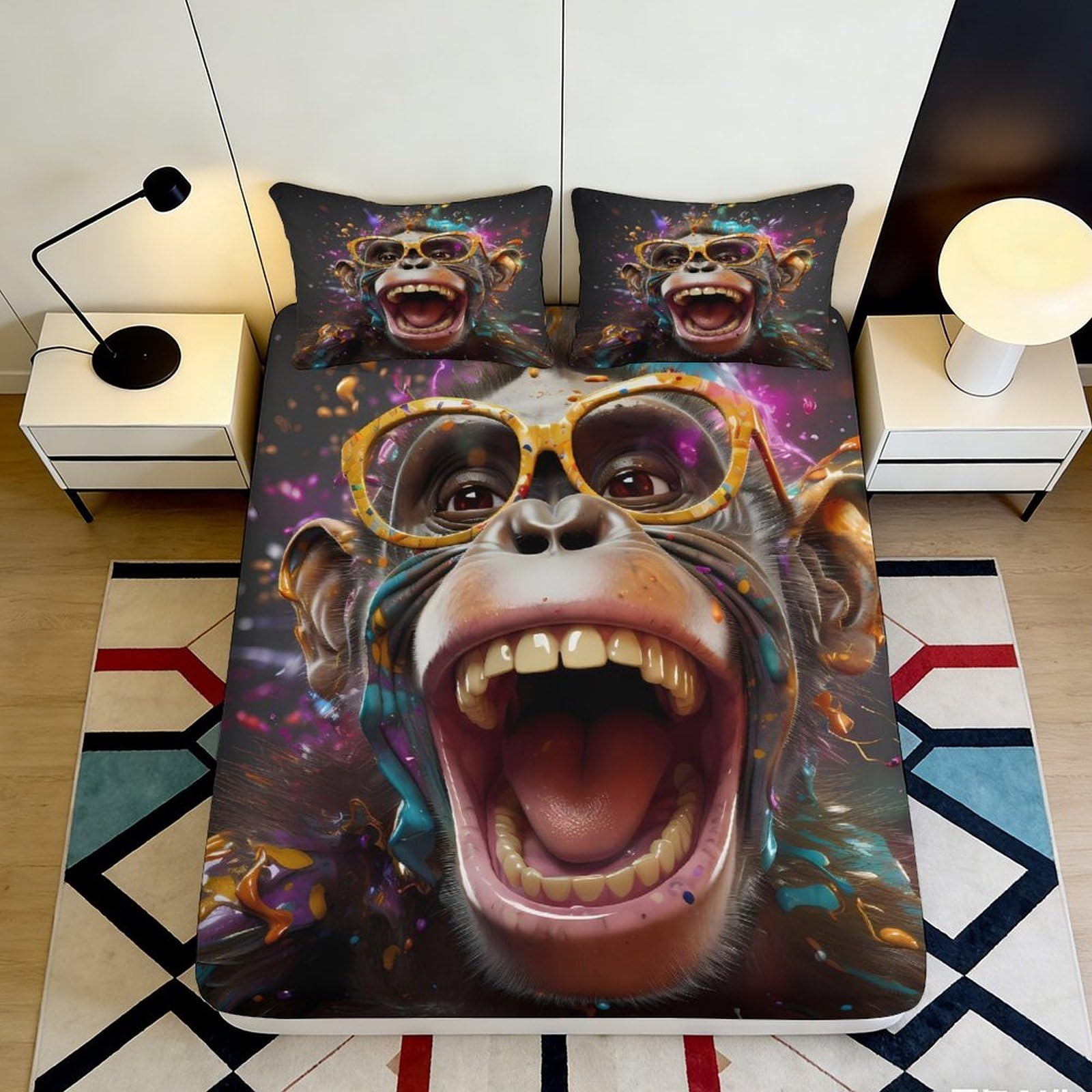3D Printed Cartoon Monkey Fitted Sheet Microfiber Deep Pocket Non-Slip Bedroom Bedding Monkey Mattress Fitted Cover Washable Full Wrap 200x200x25cm 90x200x25cm