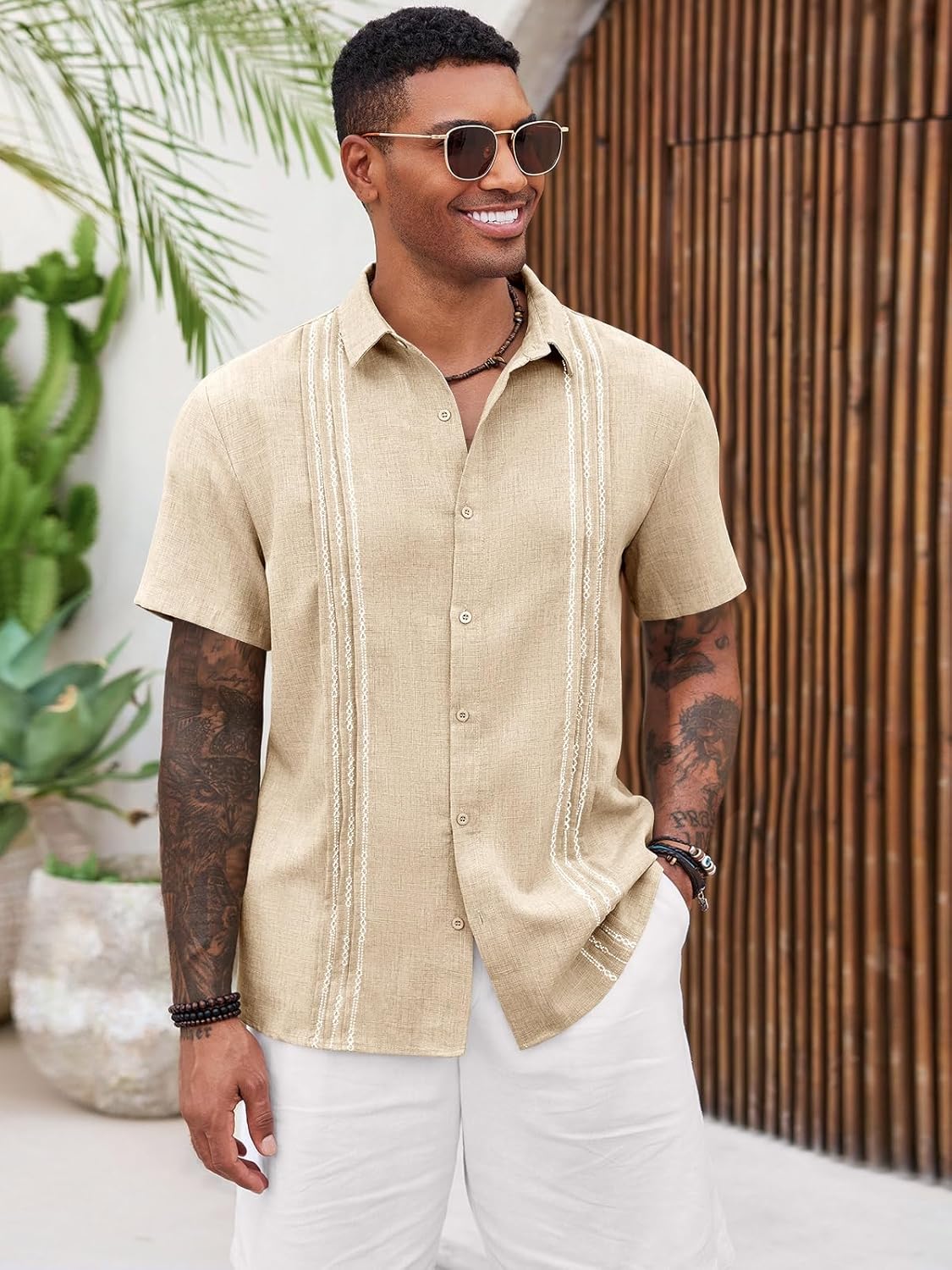 Runcati Mens Cuban Guayabera Shirts Short Sleeve Button Down Casual Summer Beach Wedding Embroidered Linen Tops - Image 2