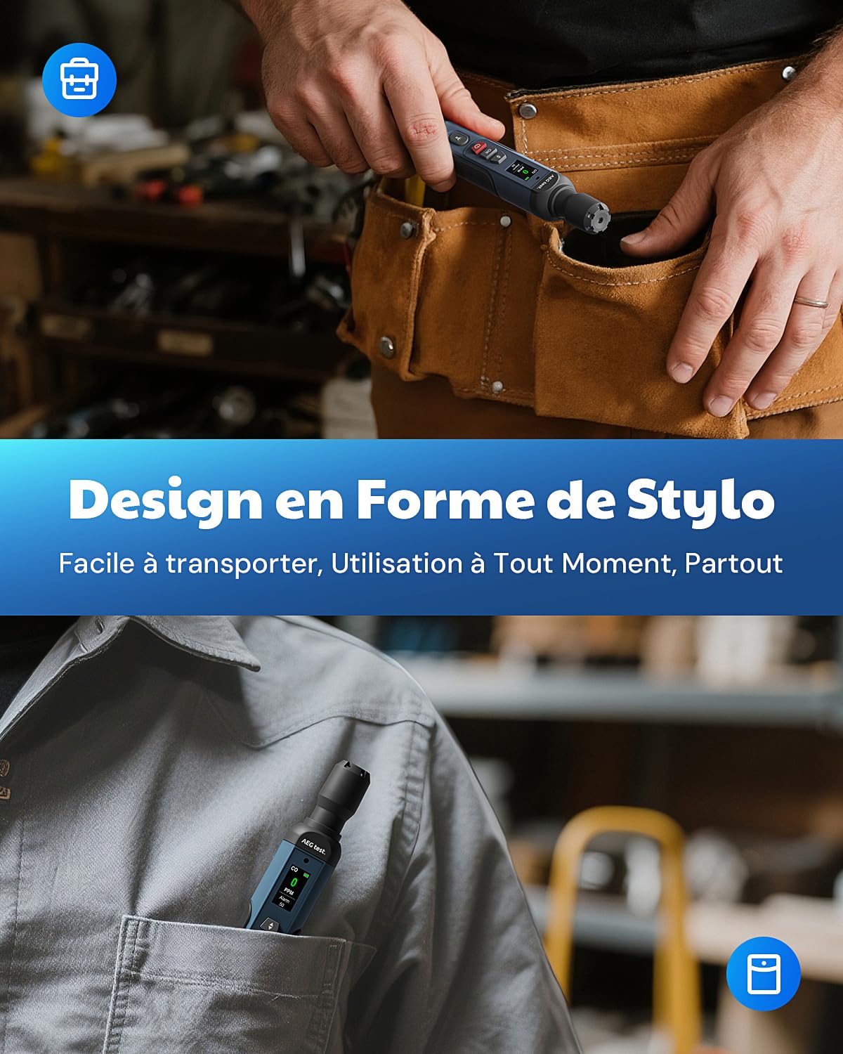 AGT-2459 Détecteur de monoxyde de Carbone Portable, Rechargeable, 0~1000PPM, avec alarmes sonore/visuelle et écran Couleur TFT – pour Maison, Voyage, Industrie – Bleu