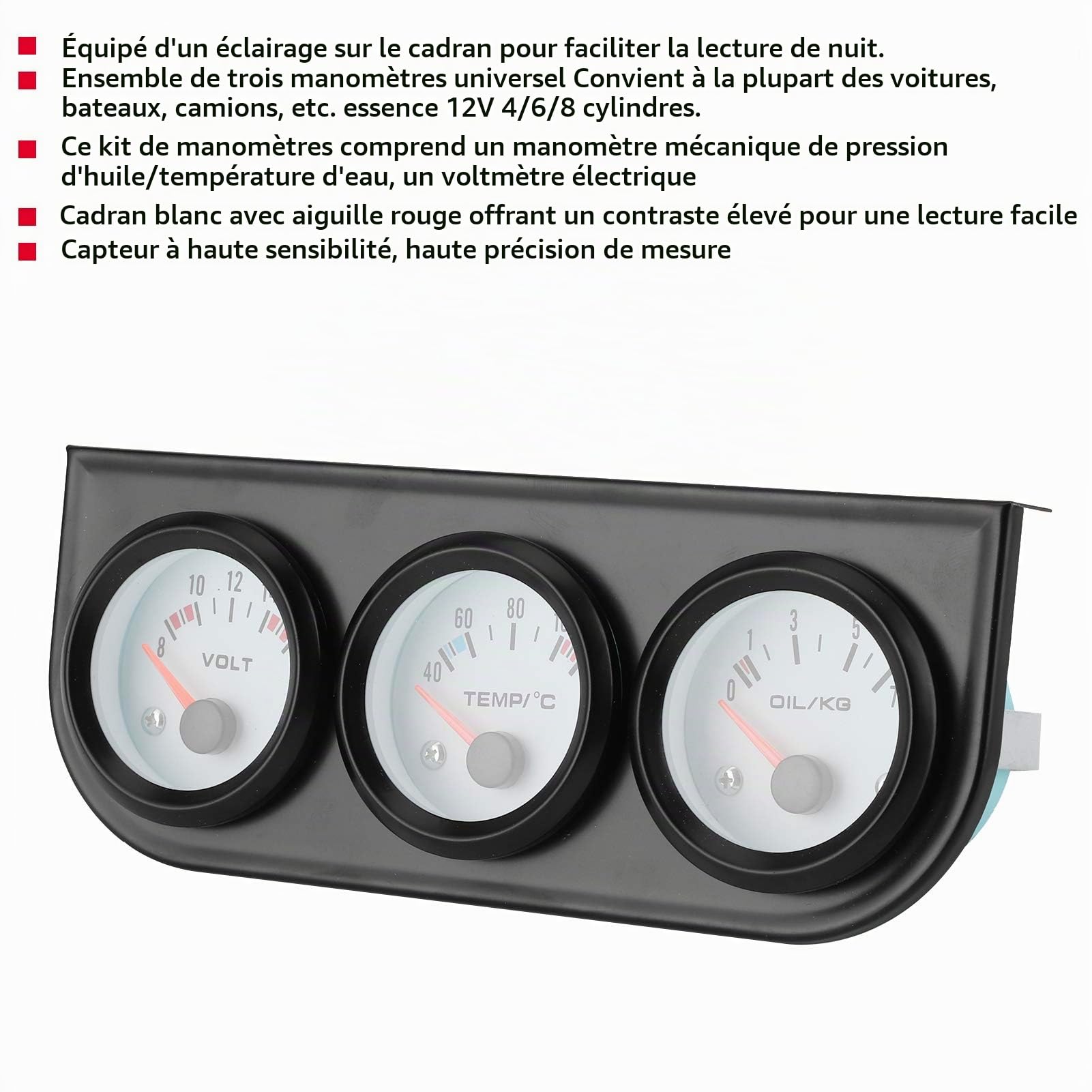 Qiilu Kit Triple Jauge de Pression D'huile Volt Jauge de Température de L'eau 52 Mm Jauge de Température de L'eau Pression D'huile Voltmètre électrique Ensemble D'instruments pour Voiture Camion Marin