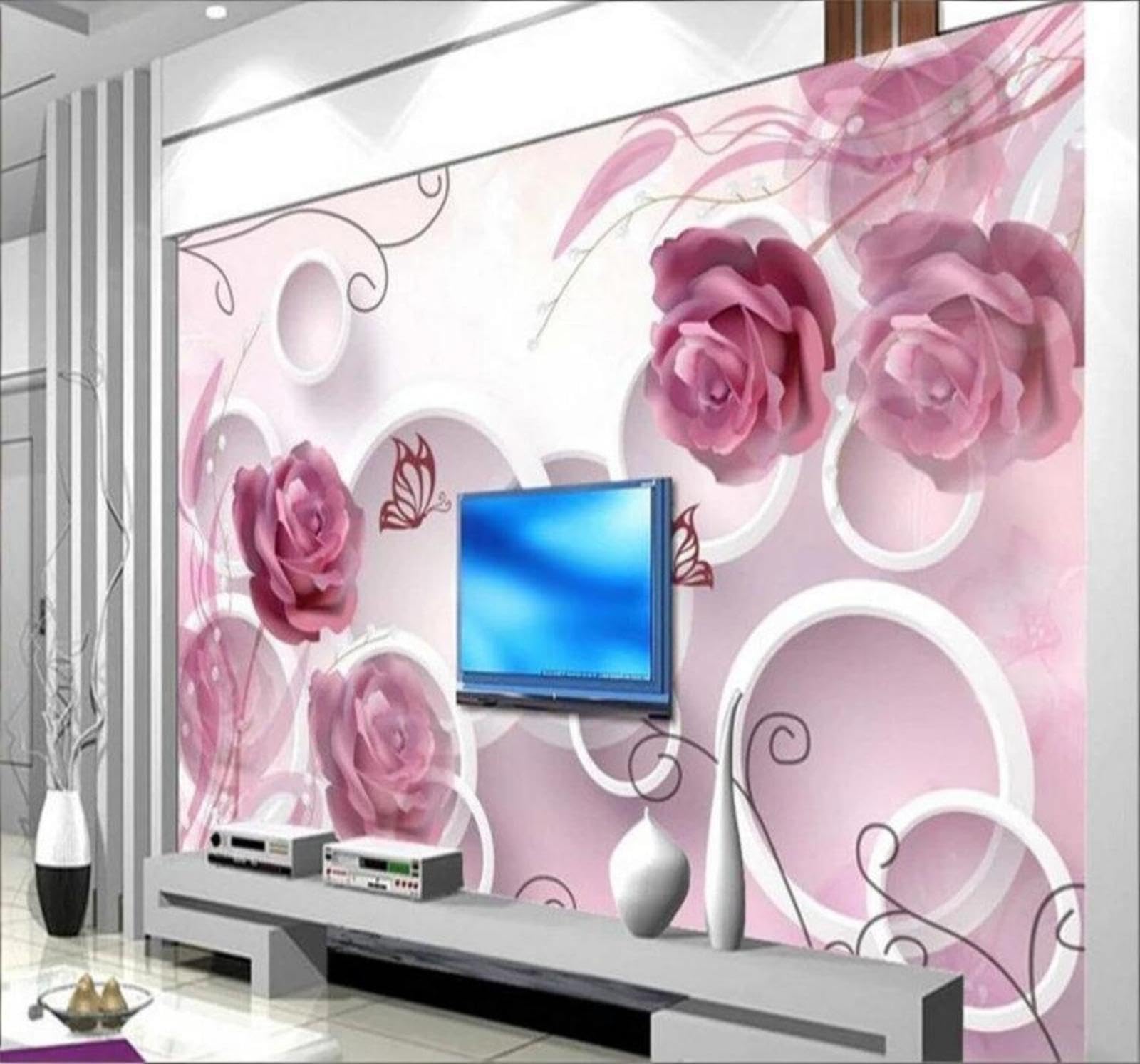 XLMING Beautiful Pink Flowers Butterflies Circles 3D Wallpaper Luxury Silk Study Dining Feature Sofa Grey Bedroom Living Room Tv Decorative Wall-430cm×300cm