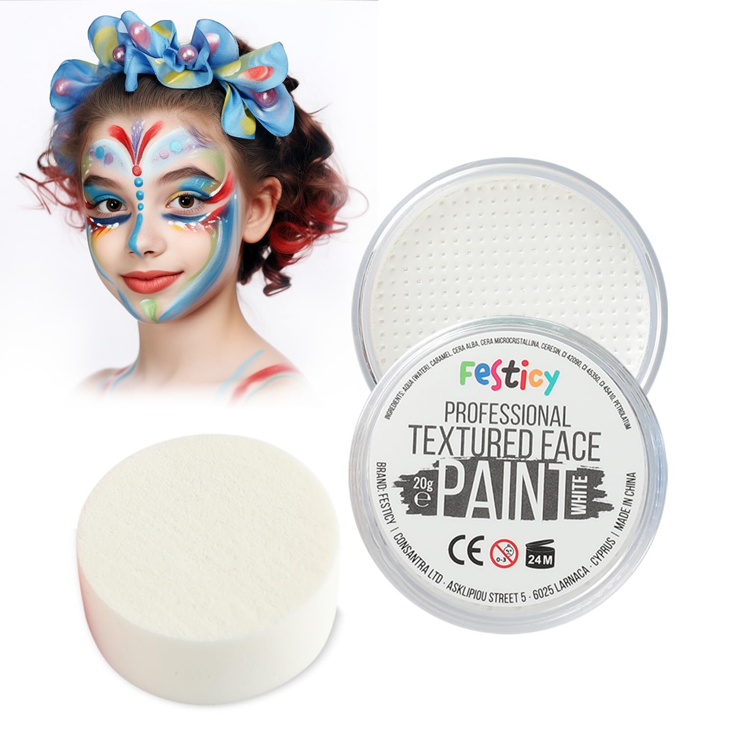 Festicy pintura cara niños, 20g, con esponja | Pintura facial ideal para maquillaje carnaval 2024 | Para al menos 30 caras | Maquillaje infantil respetuoso con la piel | Certificado EN 71-3 & Reach
