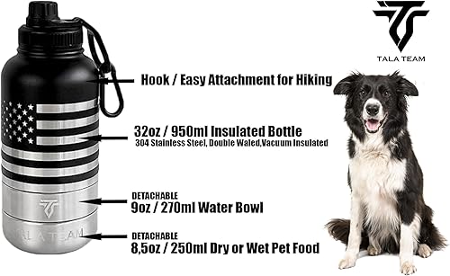 Miniatura 2 de Botella de agua aislada portátil para perros (32 onzas) - Botella de agua de viaje para perros con un gancho para senderismo y 2 cuencos adjuntos.