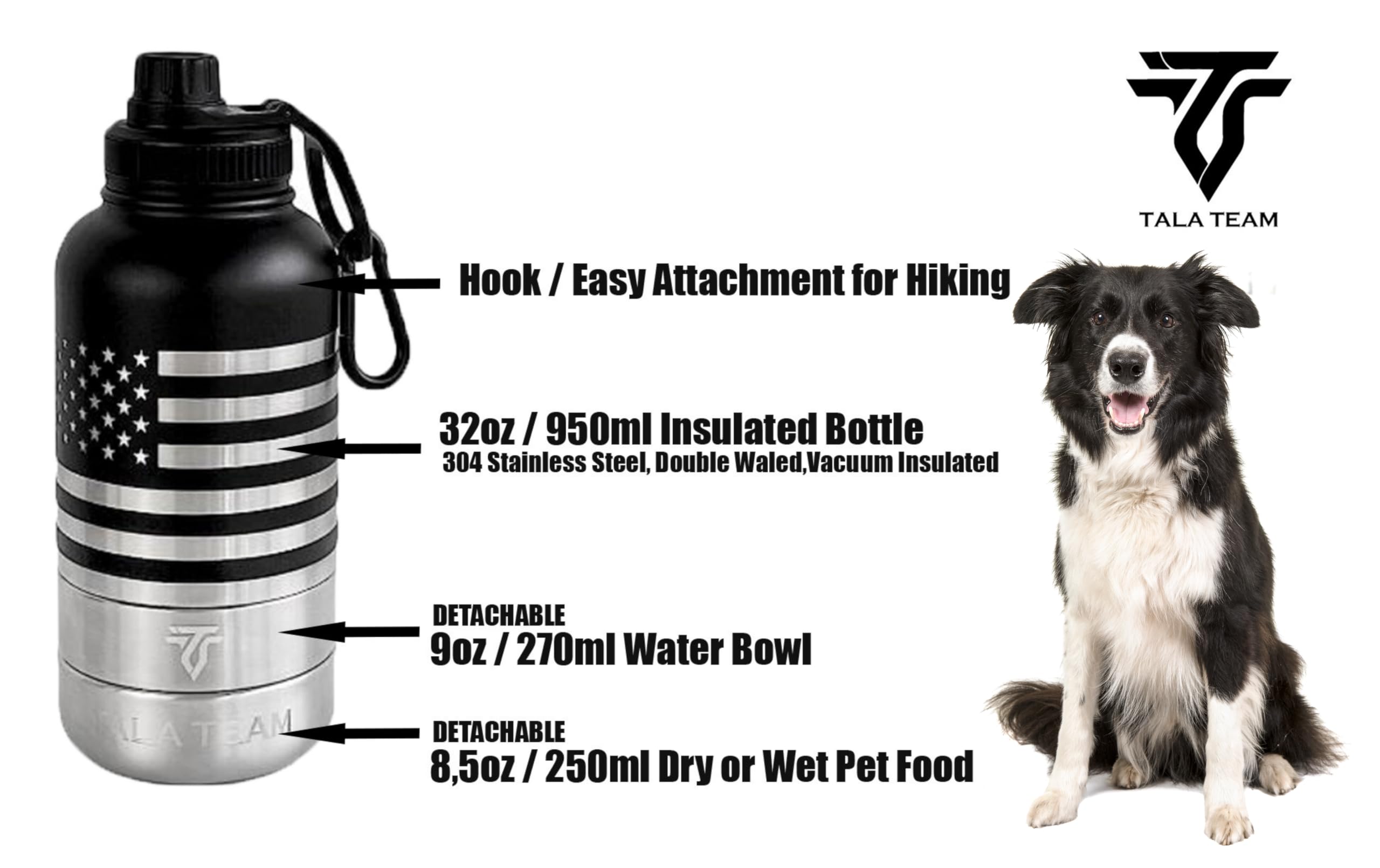 Botella de agua aislada portátil (32 onzas) – Botella de agua de viaje para perros con un gancho para senderismo y 2 cuencos adjuntos. Accesorios de viaje para perros, cuencos de viaje para