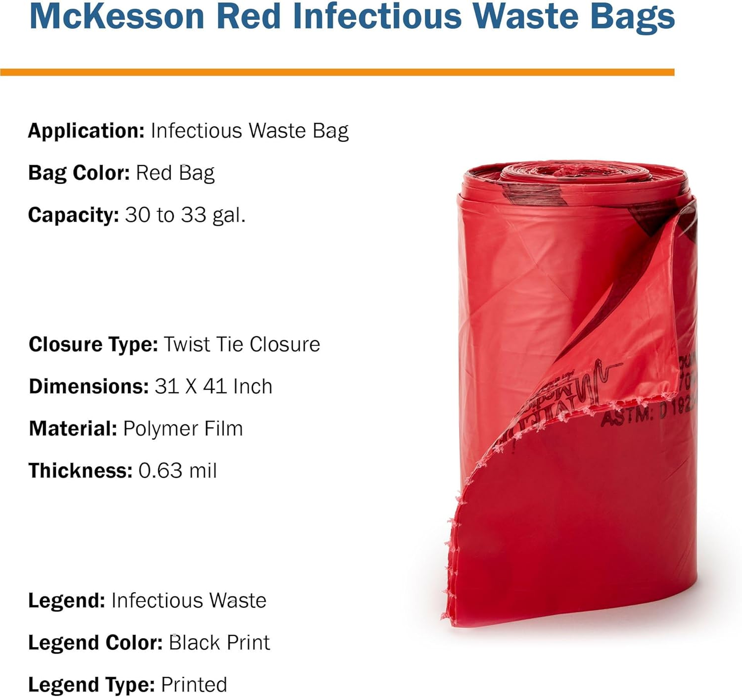 McKesson Infectious Waste Bags - Star-Sealed Bottom, 0.63 mil - Red, 30 gal - 33 gal Capacity, 31 in x 41 in, 250 Count