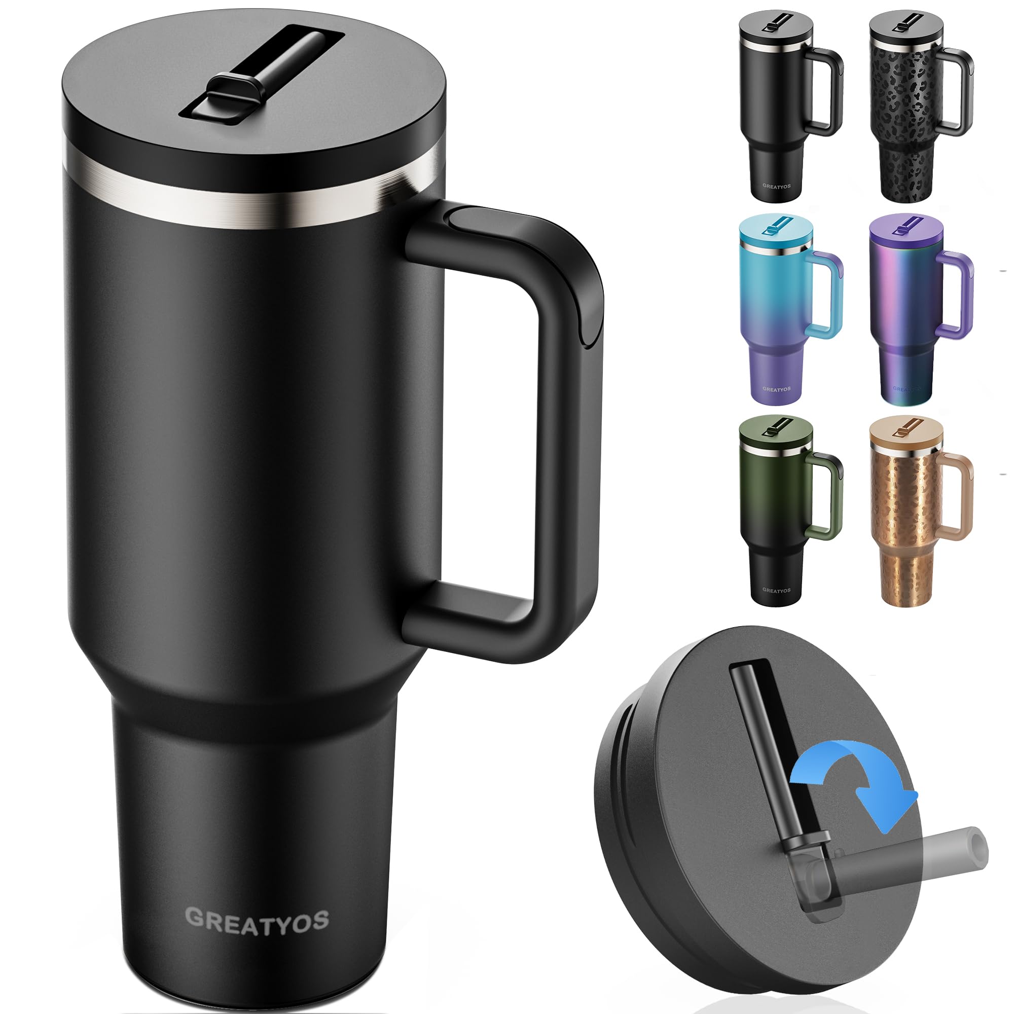 40 oz Tumbler with Handle and Flip Straw Lid - Upgraded Insulated Traveler Tumblers with Lids Straws Vacuum Leak Proof Stainless Steel 40oz Cup Mug Gifts for Men Women Him Her (Black)
