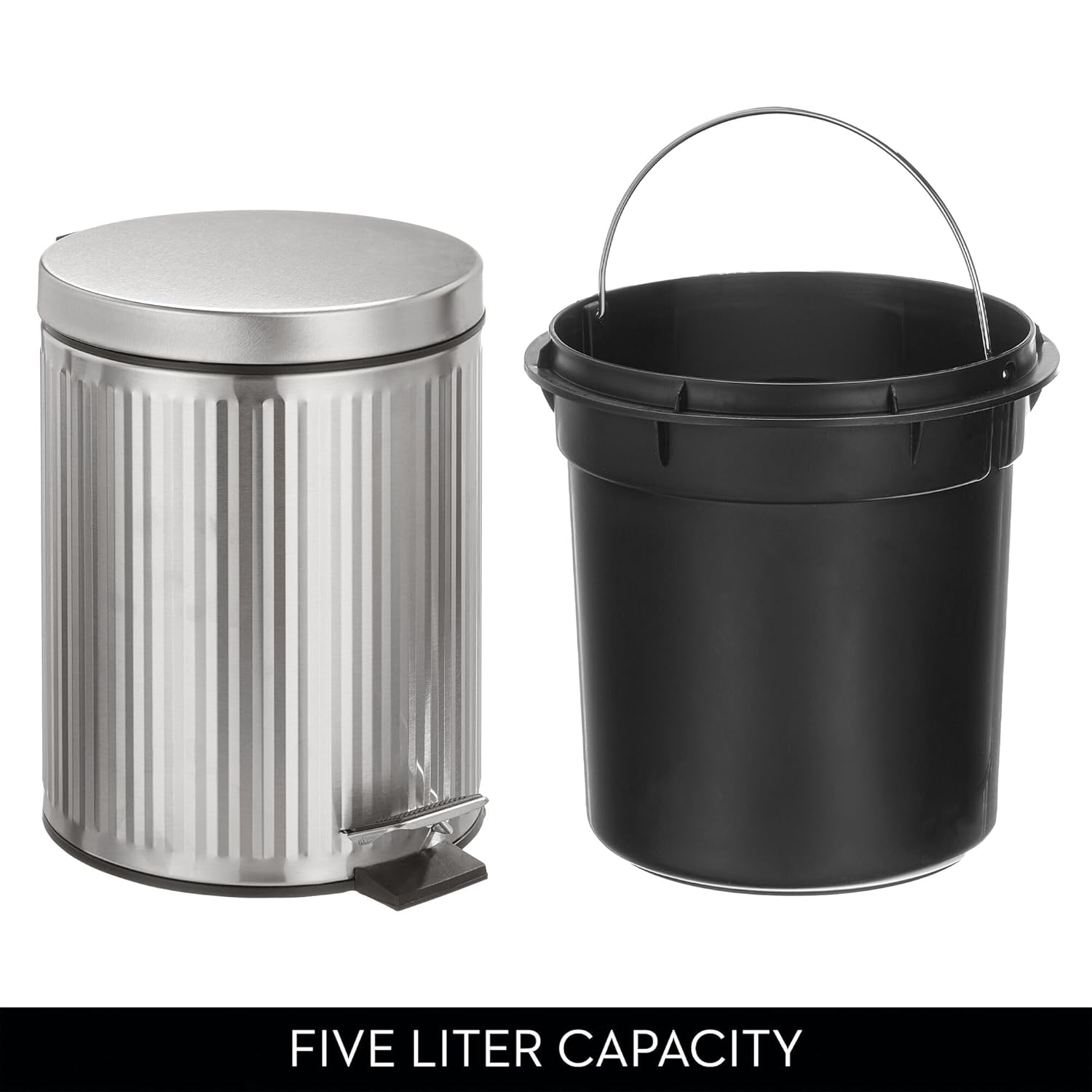 iDesign Steel 1.3 Gallon Bathroom Trash Brushed Fluted 5L Round Metal Step Can