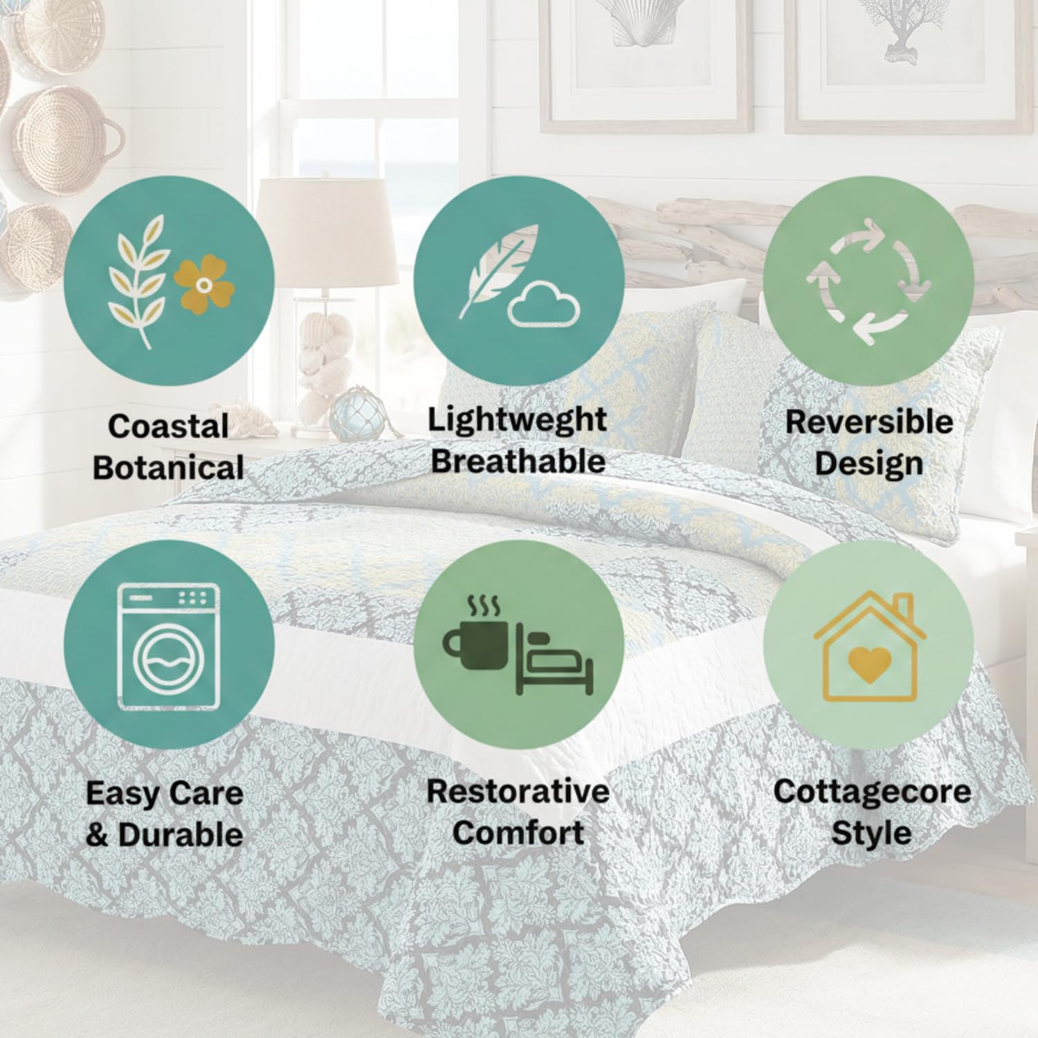 Tache Ivy Queen Patchwork Quilt - Reversible Coastal Turquoise & Aqua Floral Bedspread - Lightweight Breathable Summer Coverlet Set - 3 Piece (94 x 94 Inch)