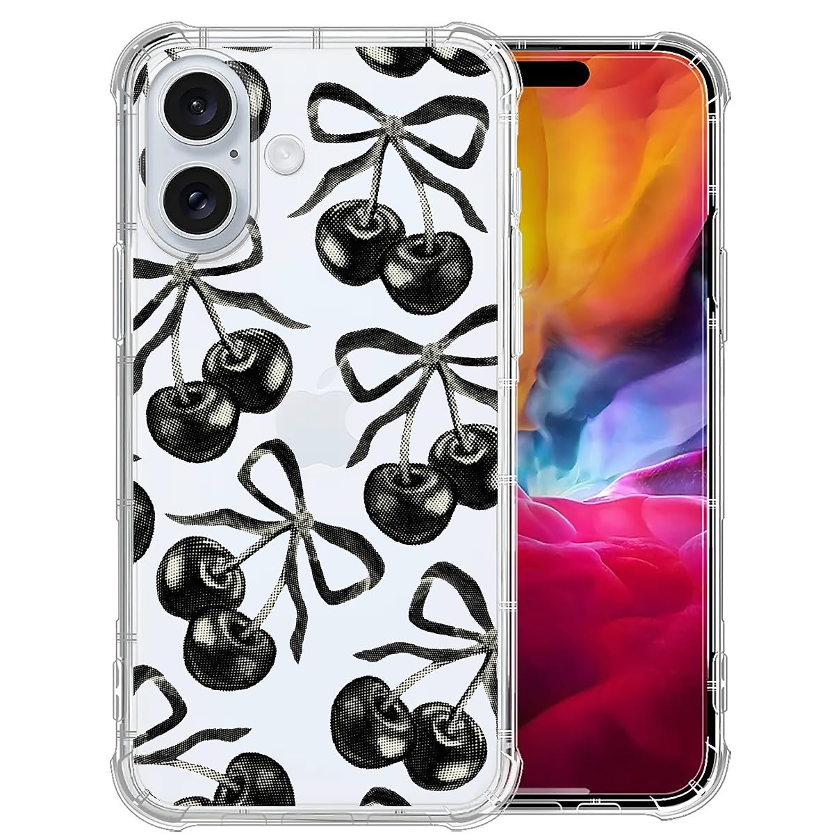 Case for iPhone 16 Plus,Black Cherry Bow Clear Cases Pattern Cute Cover for Girls Men Slim Thin Soft Shockproof PhoneCase
