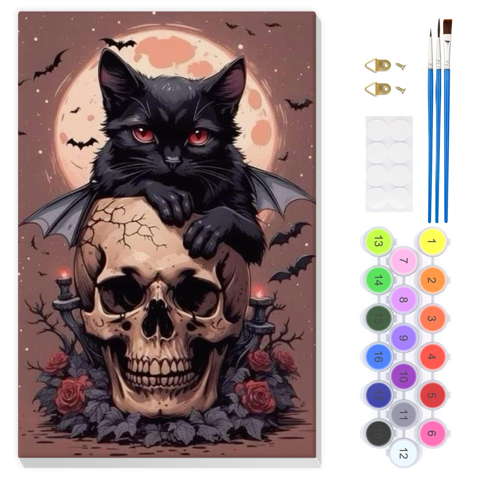 EOBROMD Black Cat Paint by Numbers for Adults with Frame, Skull Paint by Numbers Kits, Halloween DIY Color Oil Painting Acrylic Easy Painting by Numbers for Gift Home Wall Decor (8x12inch)