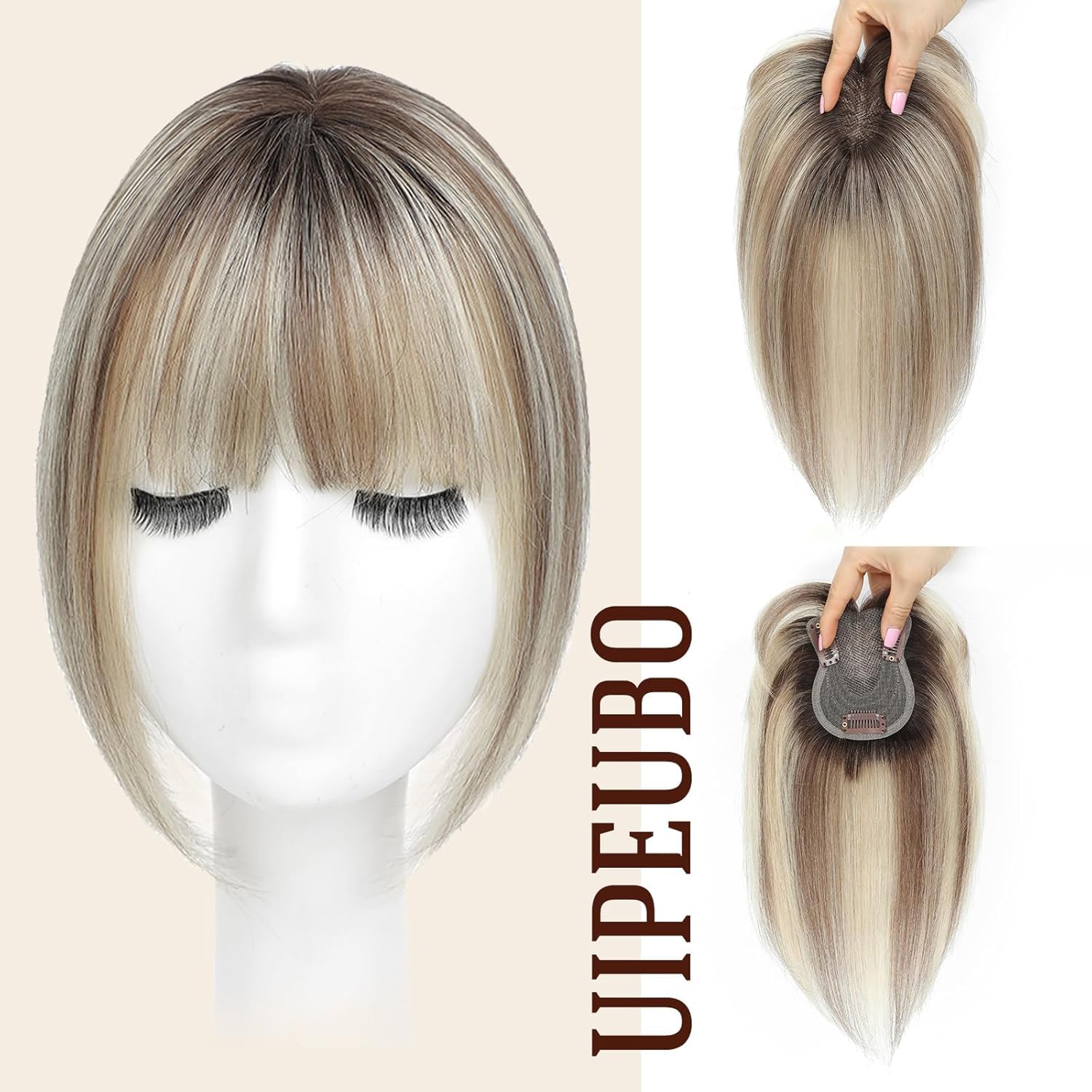 Echthaar-Topper für Frauen, Natürliche Echthaar Haarteile bei dünnem Haar, Damen Topper mit Pony, 10 Zoll zur Abdeckung grauer Haarpartien (Ombre Light Brown with Blond Highlight)