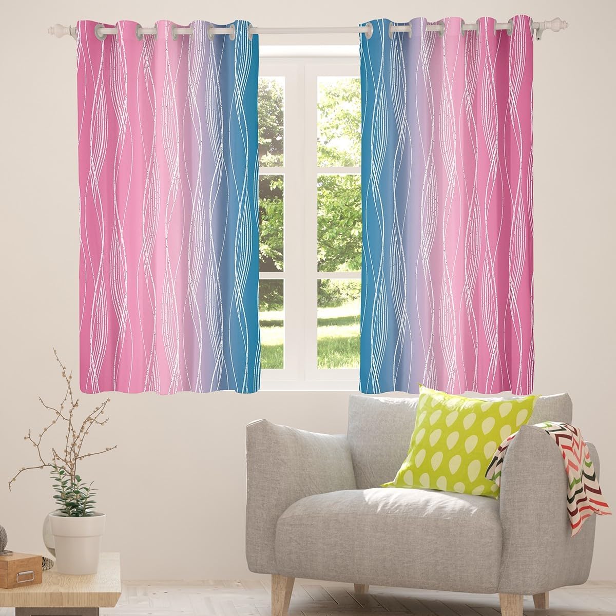 Erosebridal Hot Pink and Blue Girls Blackout Curtains 42" Wx90 L,Abstract Pastel Gradient Curtains Drapes Girly Room Decor Geometric Striped Window Curtains Watercolor Window Treatments 2 Panels