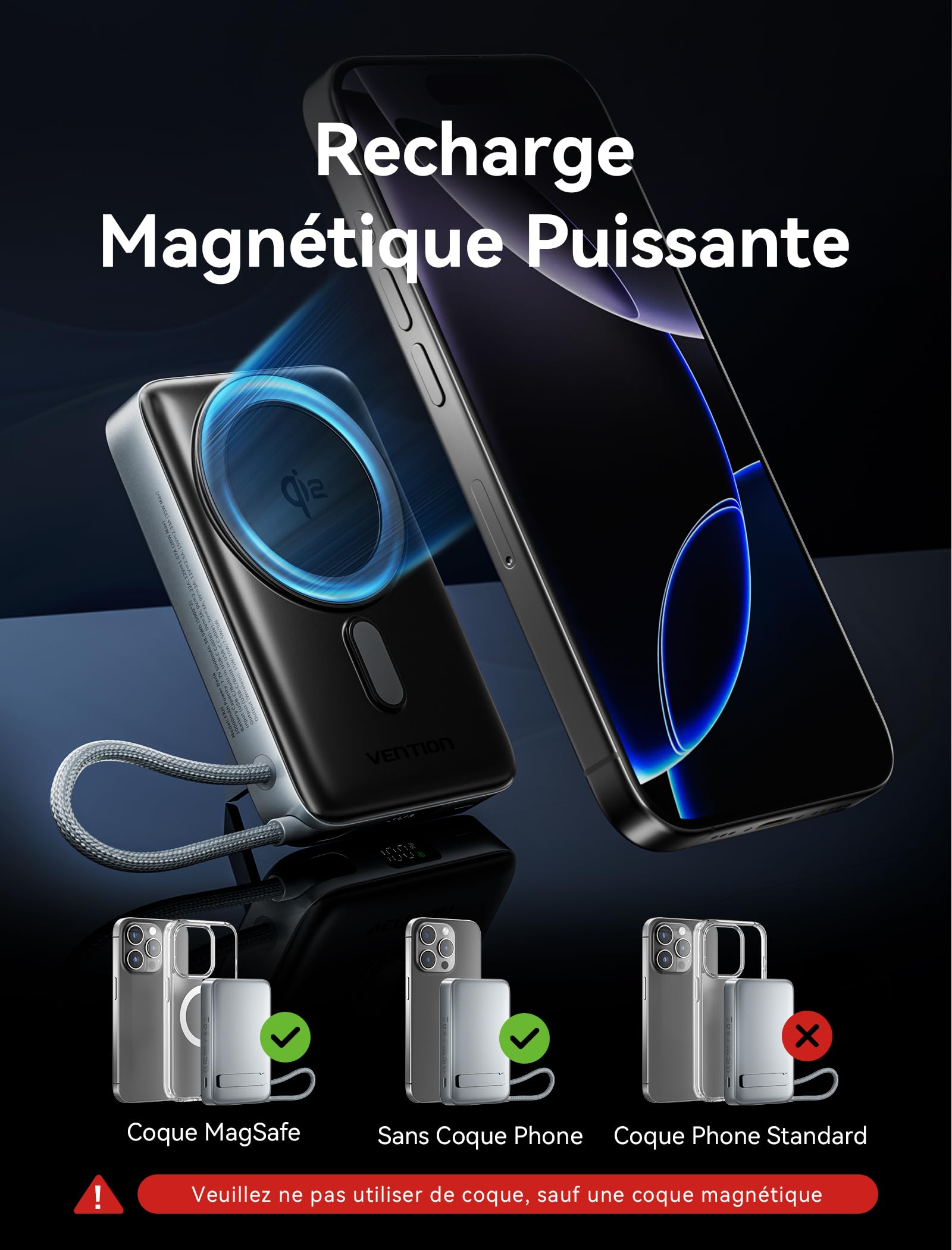 VENTION Qi2 15W Batterie Externe 10000mAh PD35W Charge Rapide Compatible MagSafe pour iPhone 17/16/15/14/13/12 Plus/Pro/Max, Powerbank Magnétique avec Affichage LED et Support Pliable