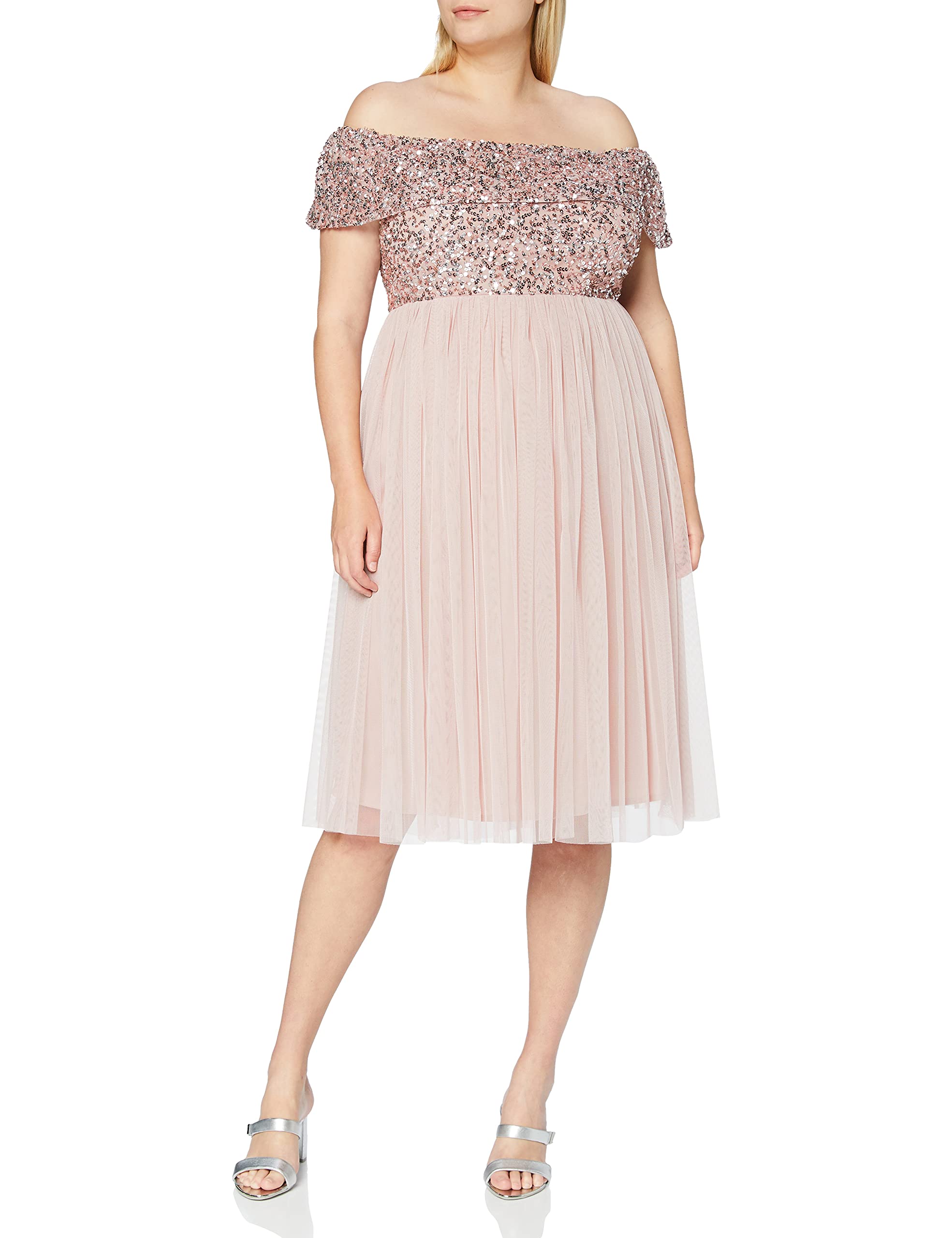 Maya Deluxe Ladies Bardot Dresses Women Midi High Empire Waist Sequins Embellished Formal Evening For Wedding Guest Vestido de Dama de Honor para Mujer