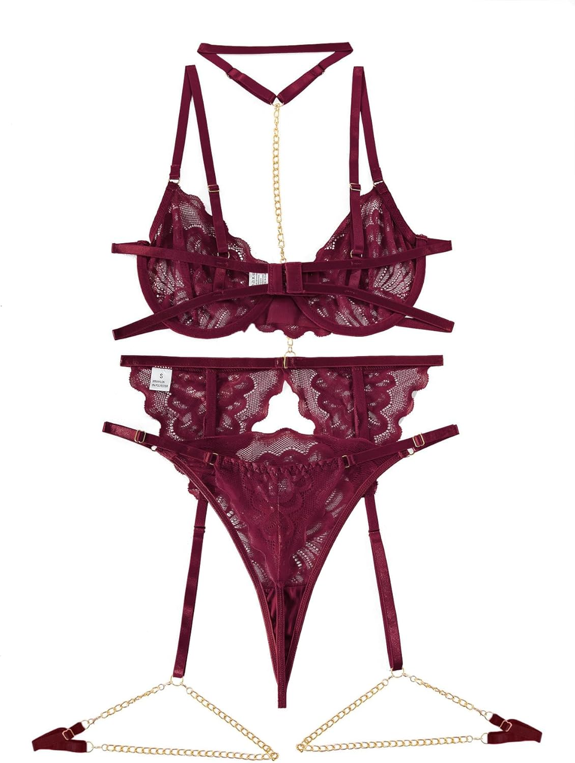 Lilosy Sexy Choker Floral Lace Scallop Sheer Underwire Push Up Garter Belt Lingerie Set 3 Piece