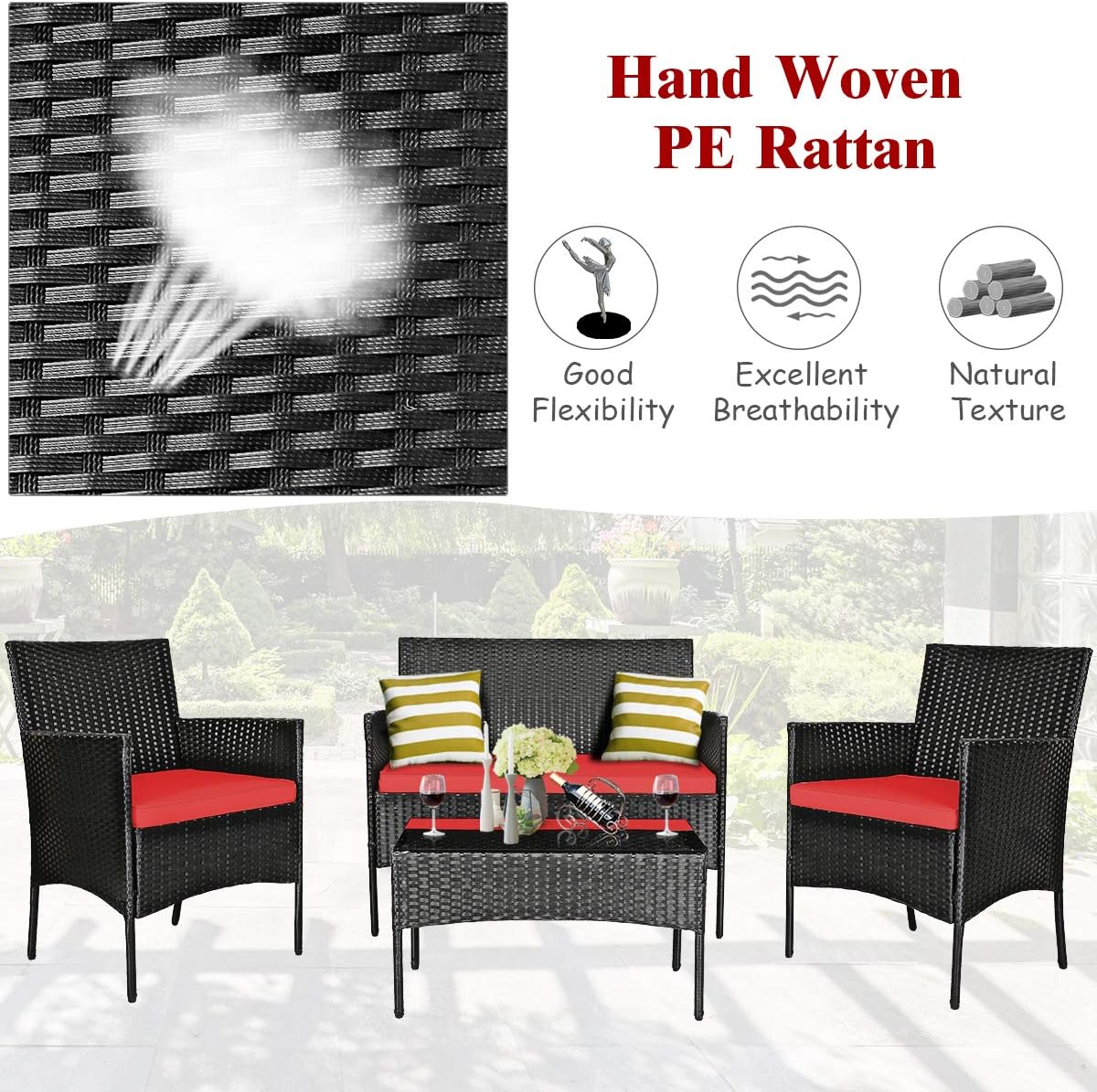 DORTALA Wicker Patio Furniture Set 4 Piece, Rattan Outdoor Table and Chairs Set with Loveseat, Cushions, All Weather Balcony Conversation Sofa Set for Porch, Backyard, Deck, Red