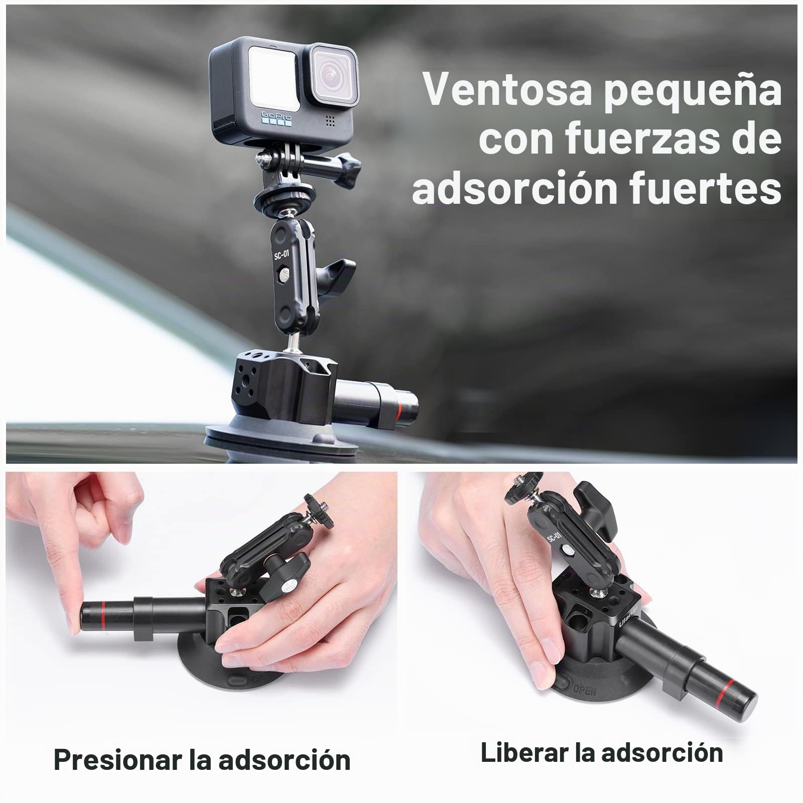 ULANZI SC-01 Soporte de Ventosa para Cámara y Teléfono Móvil - Bola de Doble Cabeza de 360° - Para Coche y Cámara de Acción