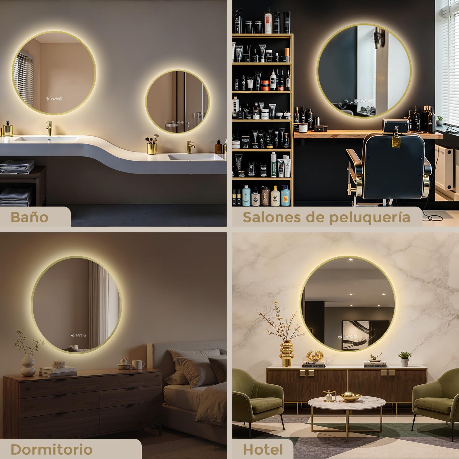 S'AFIELINA Espejo Baño con Luz LED Redondo Ø70 cm, Marco Dorado | Espejo Redondo de Baño con LED, Espejo Retroiluminado, Diseño Sin Marco, Luz Neutra, Espejo de Pared, Decorativo para Baño