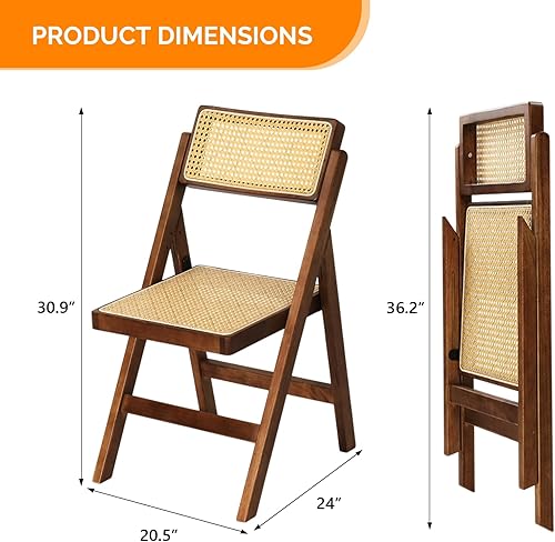 Miniatura 3 de VINGLI Silla de comedor de ratán, silla plegable de madera con respaldo giratorio de 360, marco de madera de caucho y asiento y respaldo tejidos de