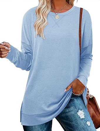 BETTE BOUTIK Women's Drop Long Sleeve Sweatshirts Casual Crewneck Tunic Tops Sweartshirts With Side Slits S-3XL