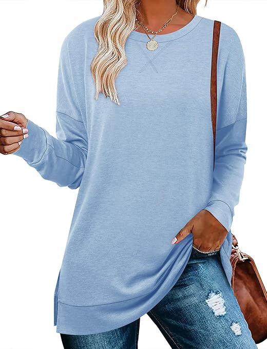 BETTE BOUTIK Women's Drop Long Sleeve Sweatshirts Casual Crewneck Tunic Tops Sweartshirts With Side Slits S-3XL