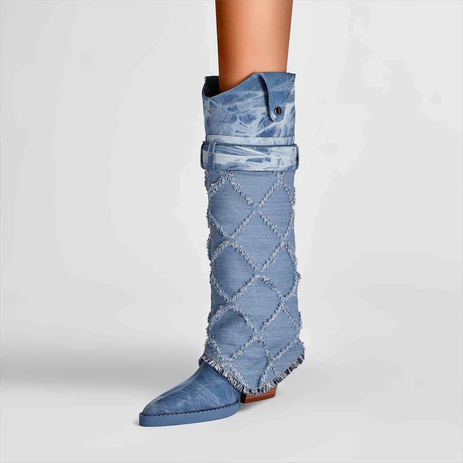 Women's Fashion-forward Versatile Denim Pointed toe Chunky Heel Over-the-Knee Boots