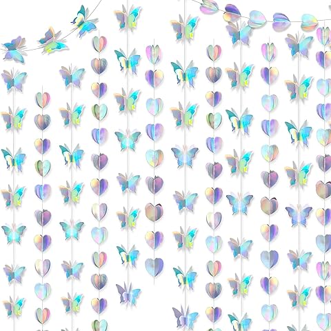 80 Feet 3D Holographic Butterfly&Heart Paper Garland Iridescent Butterflies Heart Hanging Streamers String Bunting Banner for Wedding Engagement Bridal Shower Birthday Baby Shower Party Decorations