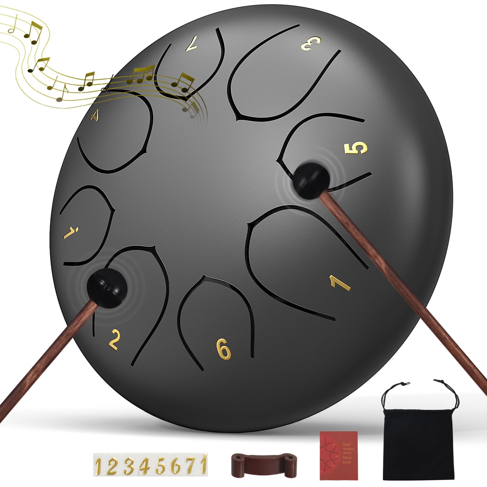 Rain Drum for Outside Garden, 6 Inches 8 Notes Steel Tongue Chakra Drums, Waterproof Echo Rain Chime Meditation Drums, Musical Instruments for Adult Gift with Bag, Music Book, Drum Mallets (Black)