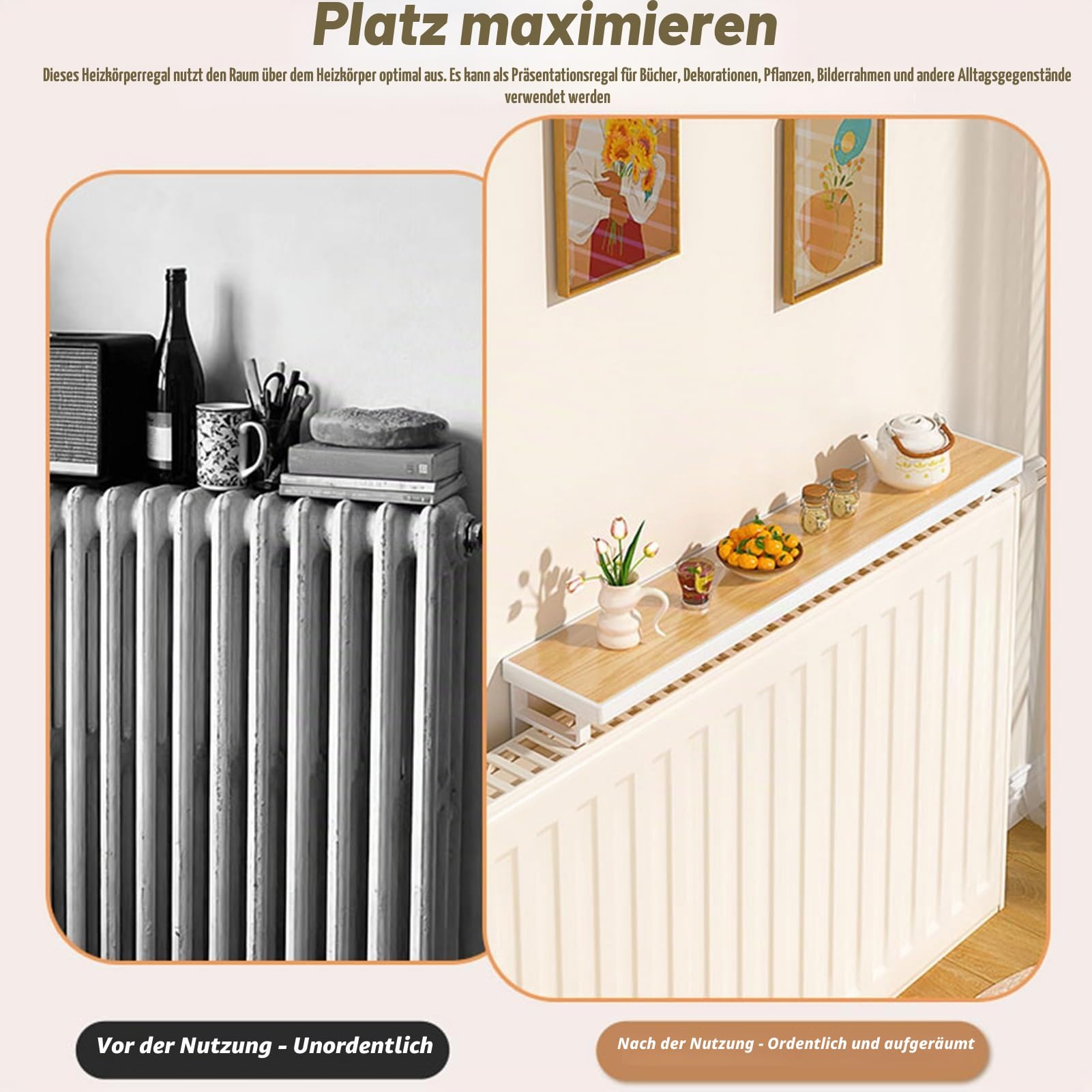 Über-Dem-Heizkörper-Regal Holz Schwebende Heizungsregal Heizung Ablage Ohne Bohren, Moderne Heizkörperverkleidung Heizkörperabdeckung Oben für Wohnzimmer Schlafzimmer Flur(Weiß,60 cm/23.6 in)