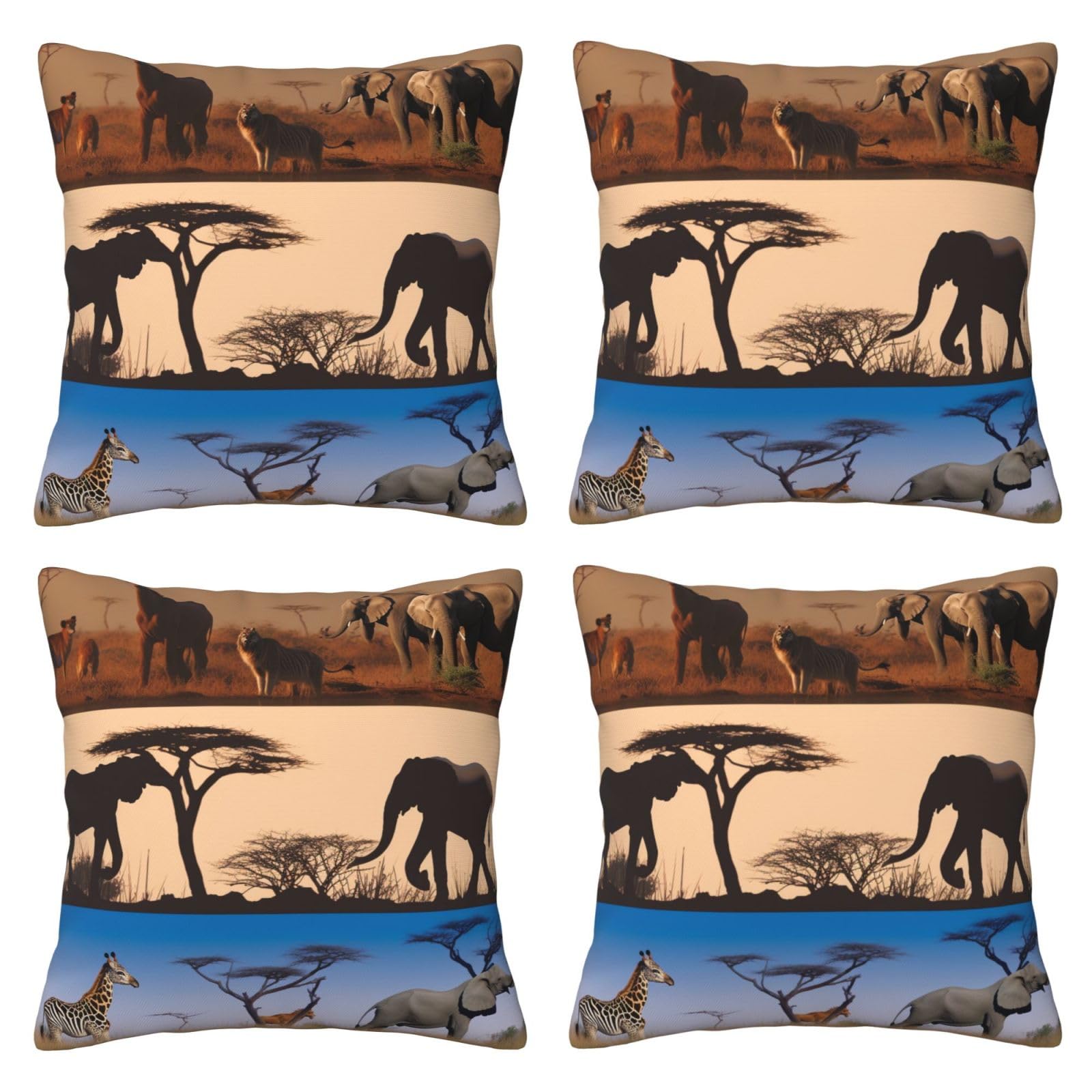 African Wild Animals Throw Pillow Cases 4 Pack Square Pillowcases Super Soft Pillow Protectors With Zipper for Couch Livingroom Sofa Bed Office Car,40x40 CM