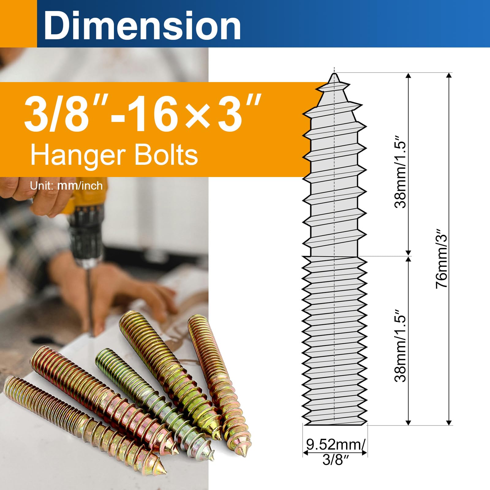 Hanger Bolts - 12 Pack 3/8-16 x 3 Carbon Steel -2
