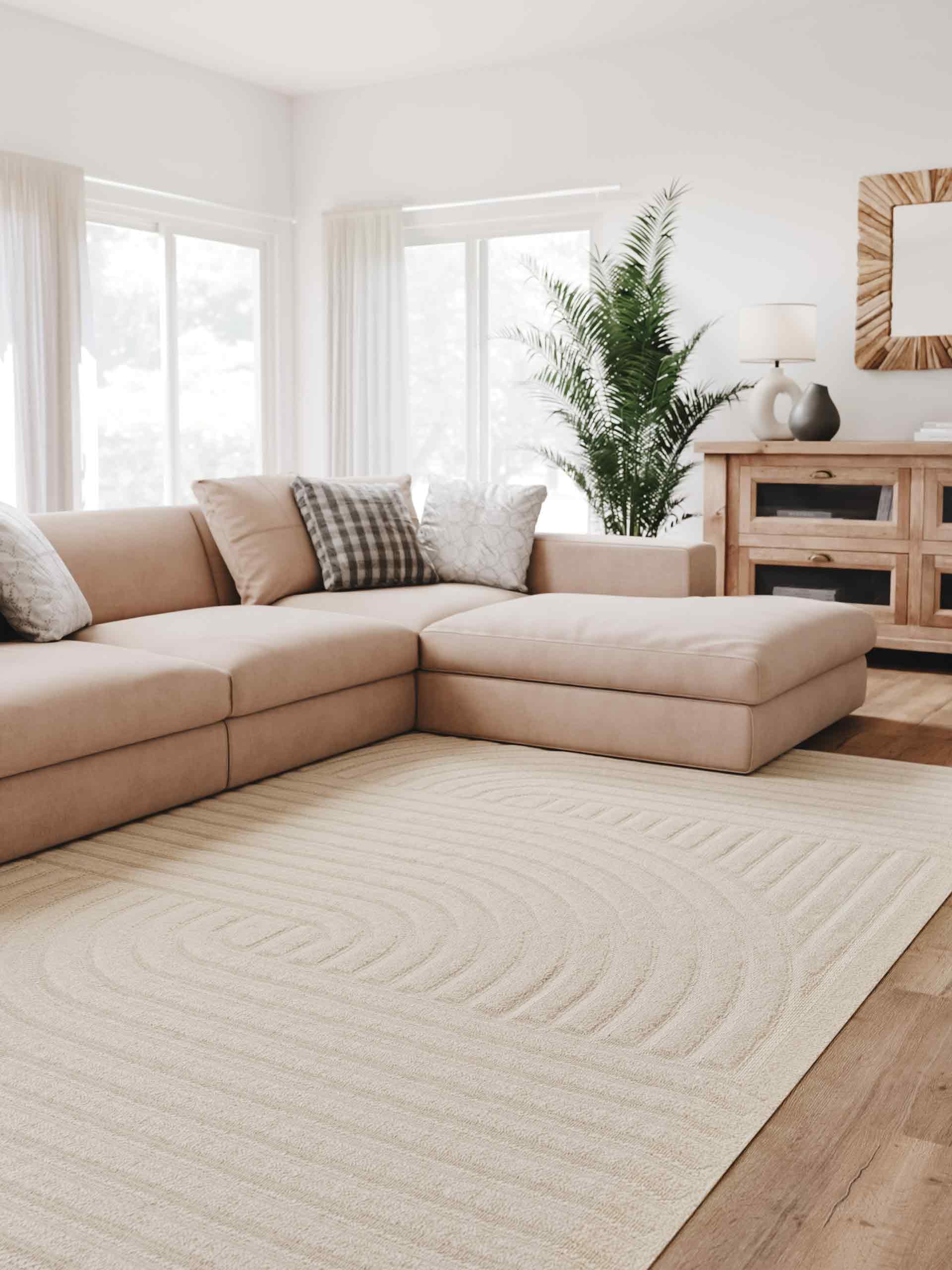 Interiyou Lecce - Alfombra de pelo corto, 200 x 290 cm, color crema, diseño escandinavo boho con efecto 3D alto y profundo, plana con patrón geométrico