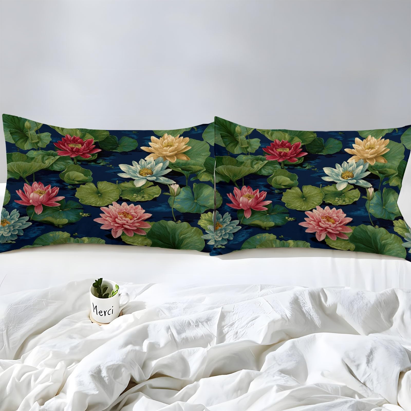 Zielone prześcieradło z gumką 90 x 190 cm lotos w naturalnym stawie krajobrazowym, miękkie, odporne na zagniecenia elastyczne dookoła - antypoślizgowe odporne na zmarszczki prześcieradło z gumką z