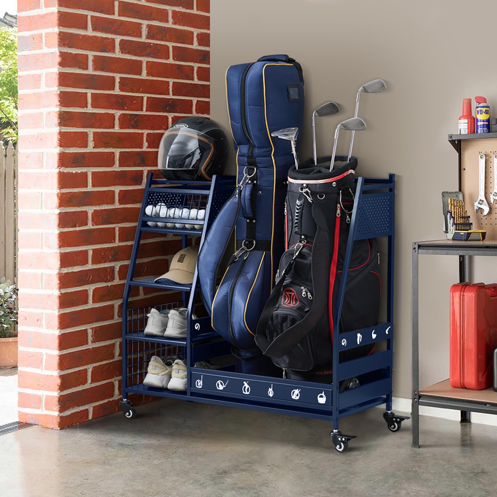 Lauren&Harold Golf Bag Organizer Garage Storage, Golf Storage Rack Stand Fits 2 Golf Bags, Golf Clubs and Other Golfing Equipment Accessories, Golf Organizer for Garage, Club, Shed, Basement