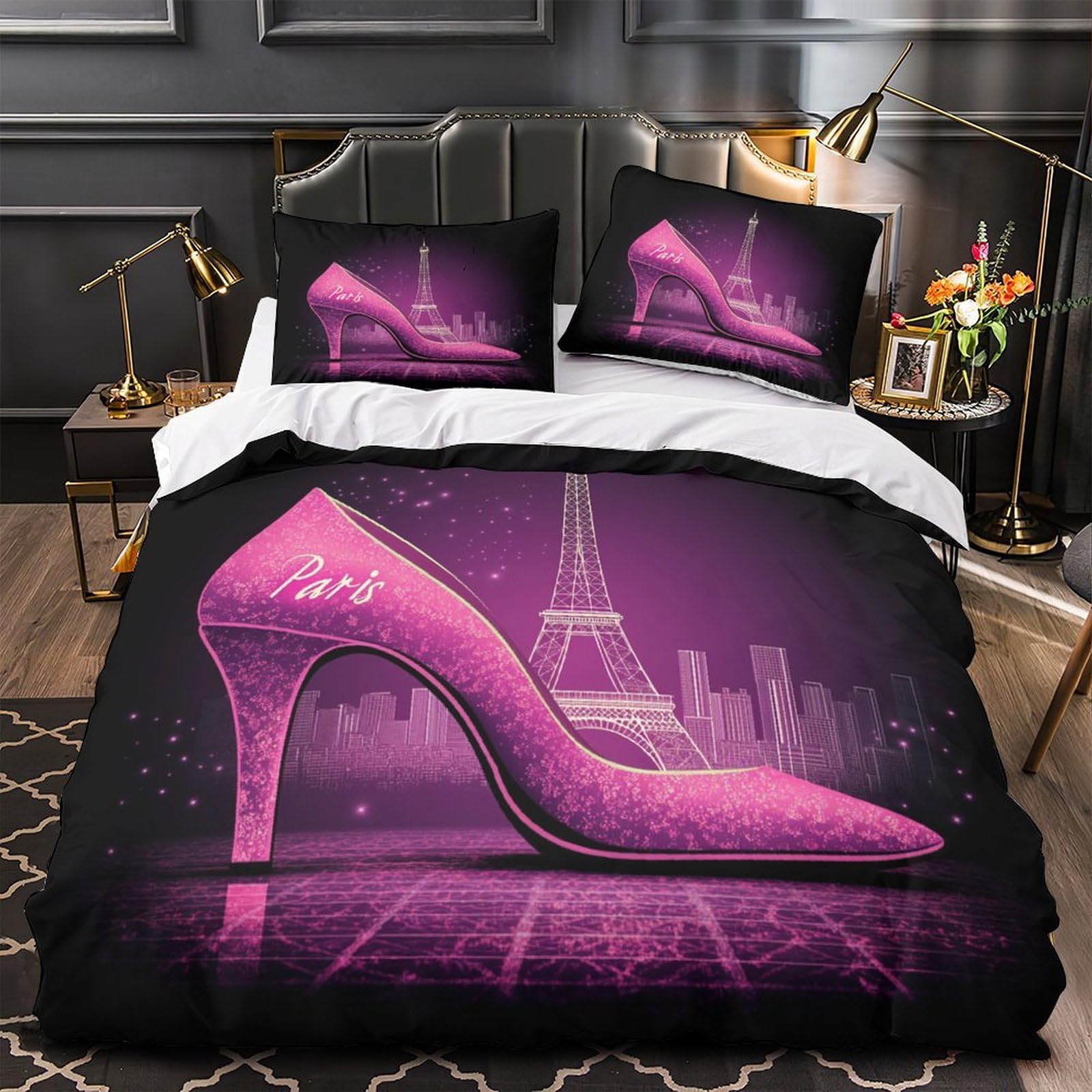 MMDASBVPE Paris High Heel Quilt Cover 3D Design Printed Hotel Quality 3-Piece Bedding Set Zipper Duvet Cover Super Soft Hypoallergenic for Teens Adults Women Kids Girls Boys Single（140x200cm）
