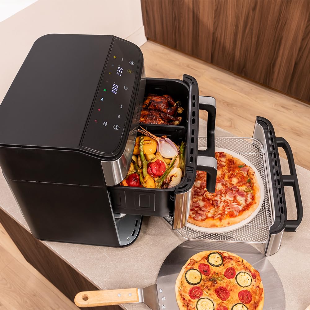 Cecotec Friggitrice ad Aria e Forno 18L Cecofry FoodCourt 18000 4Pizza+. 2700W, Forno Pizza 12" Incl. Pietra, 9L Parete Divisoria, Schermo Color, Acciaio Inox, Sincronizzazione Vaschette
