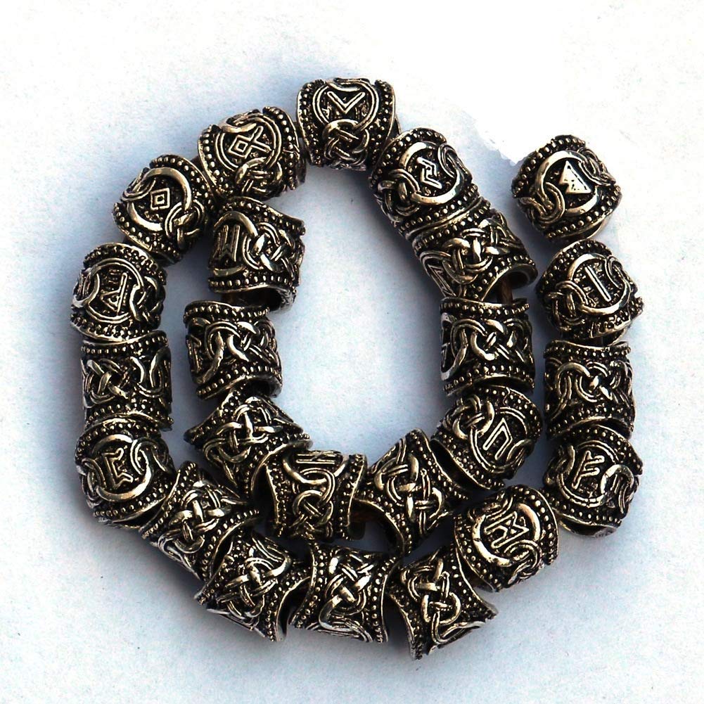 24 Pcs 304 Stainless Steel Runes Beads Viking Beard Accessories for Men Necklace Pendant Bracelet Jewelry Ring (Color : Silver)