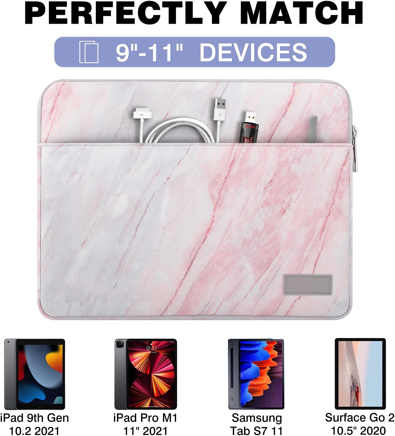 MoKo 11 Inch Tablet Sleeve Bag Carrying Case Fits iPad air 5 10.9" 2022, iPad Pro 11 M2 2022-2018, iPad 10th 10.9, iPad 9/8/7th Gen 10.2, iPad Air 4 10.9/Air 3 10.5, Tab S8 11"/Tab A, Pink Gray Marble