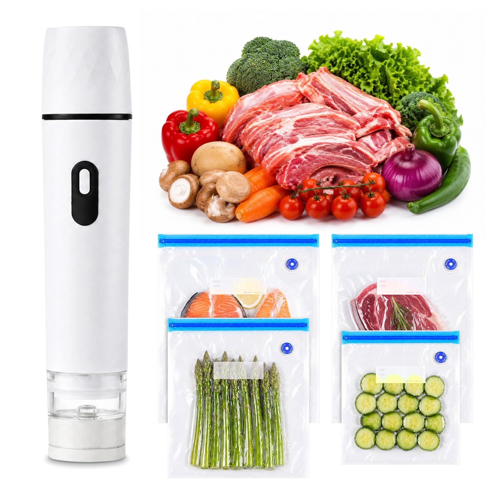 Macchina Sottovuoto Alimenti,60 kPa Sigillatore sottovuoto compatto,Potente Vacuum Sealer,con 20 Sacchetti Sottovuoto,Operazione con un clic,Ideale per Casa,Viaggi,Campeggio e Conservazione