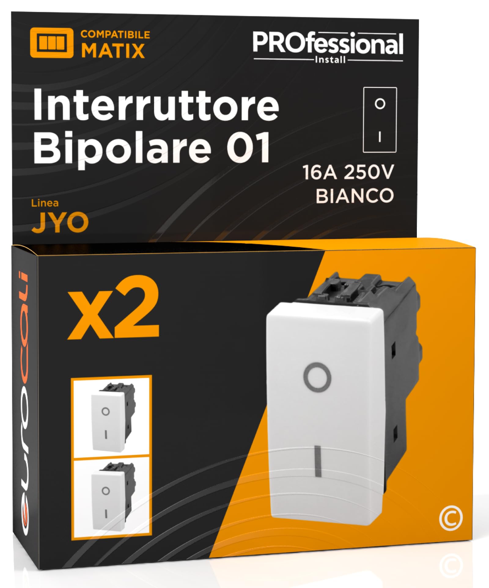 Interruttore Bipolare di Corrente 16A 250V I/O a Incasso da Muro Bianco | Compatibile con BTicino Matix Frutti Elettrici - Confezione da 2