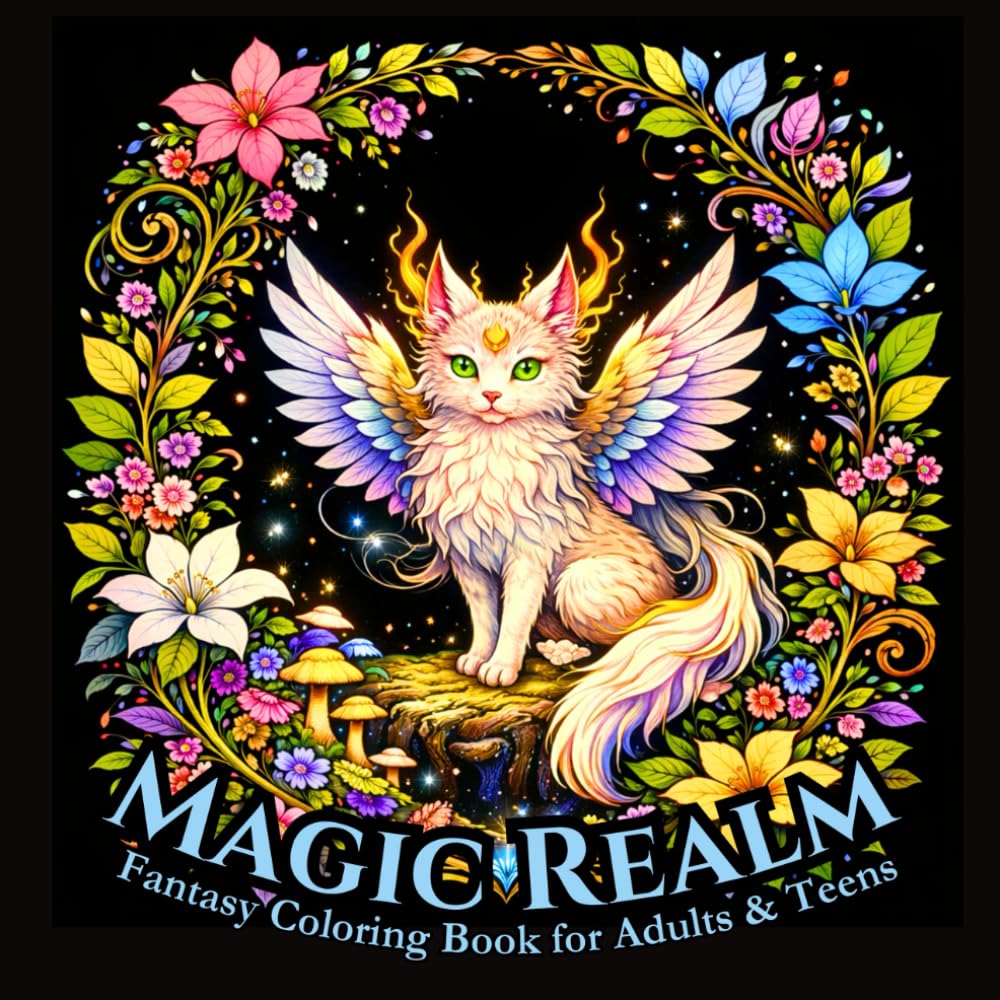 Magic Realm Fantasy Coloring Book for Adults and Teens: Enchanted Creatures, Dragons, and Magical Worlds on a Black Background (Whispers of Enchantment – A Fantasy Coloring Collection)